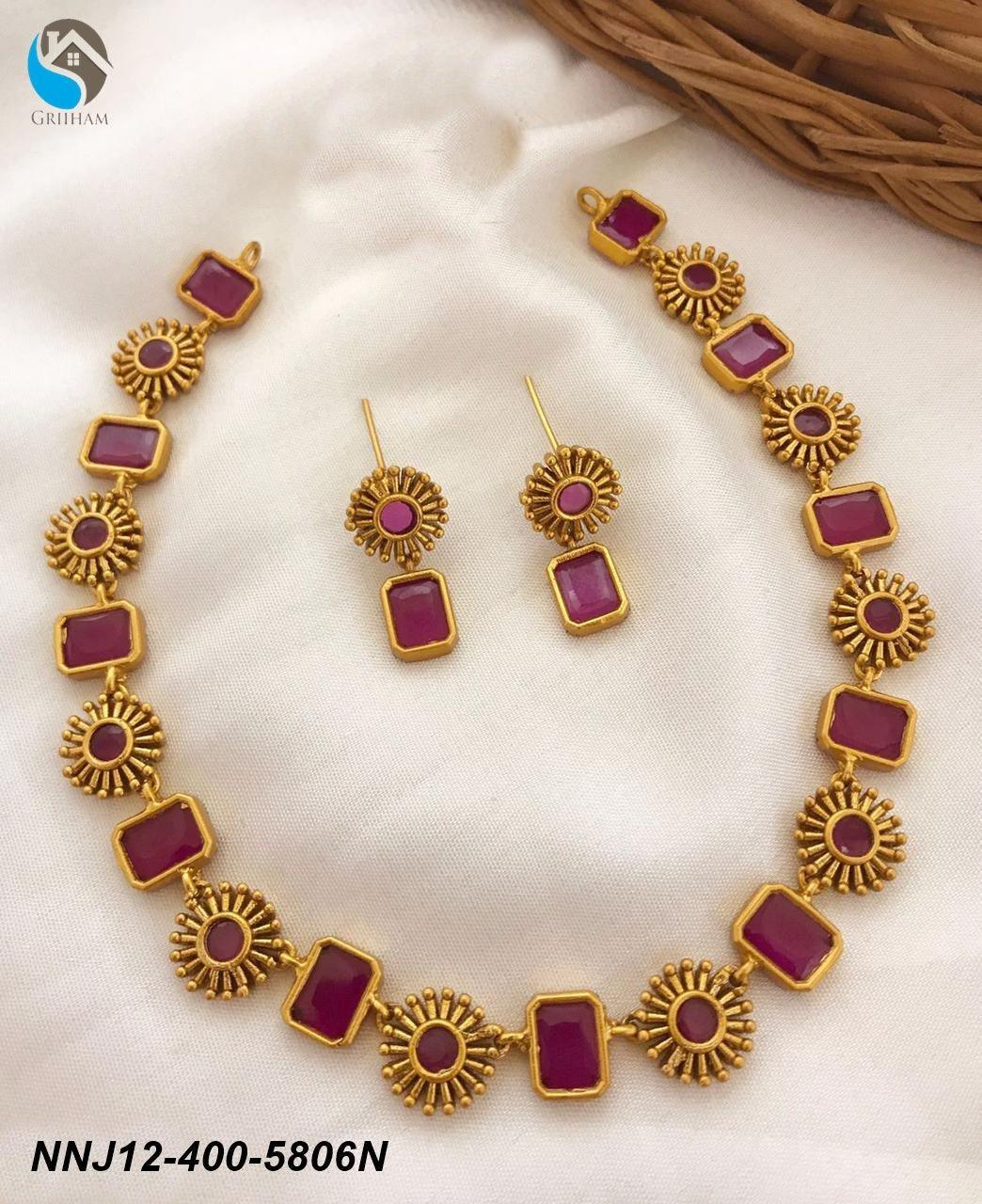 Premium Quality Short necklace set with Ruby Stones floral motif 5806n