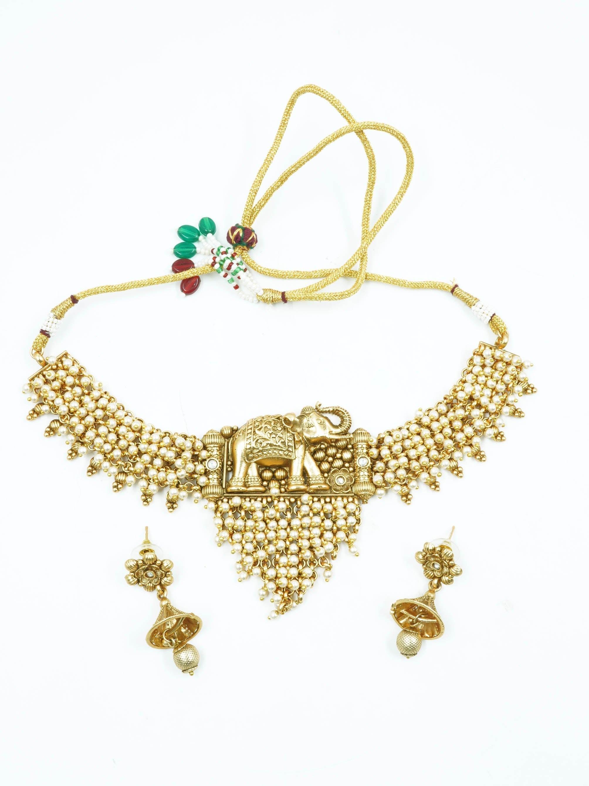 Premium Rajwadi Gold Finish Grand Necklace Choker Set with Pearls 11973N - Griiham