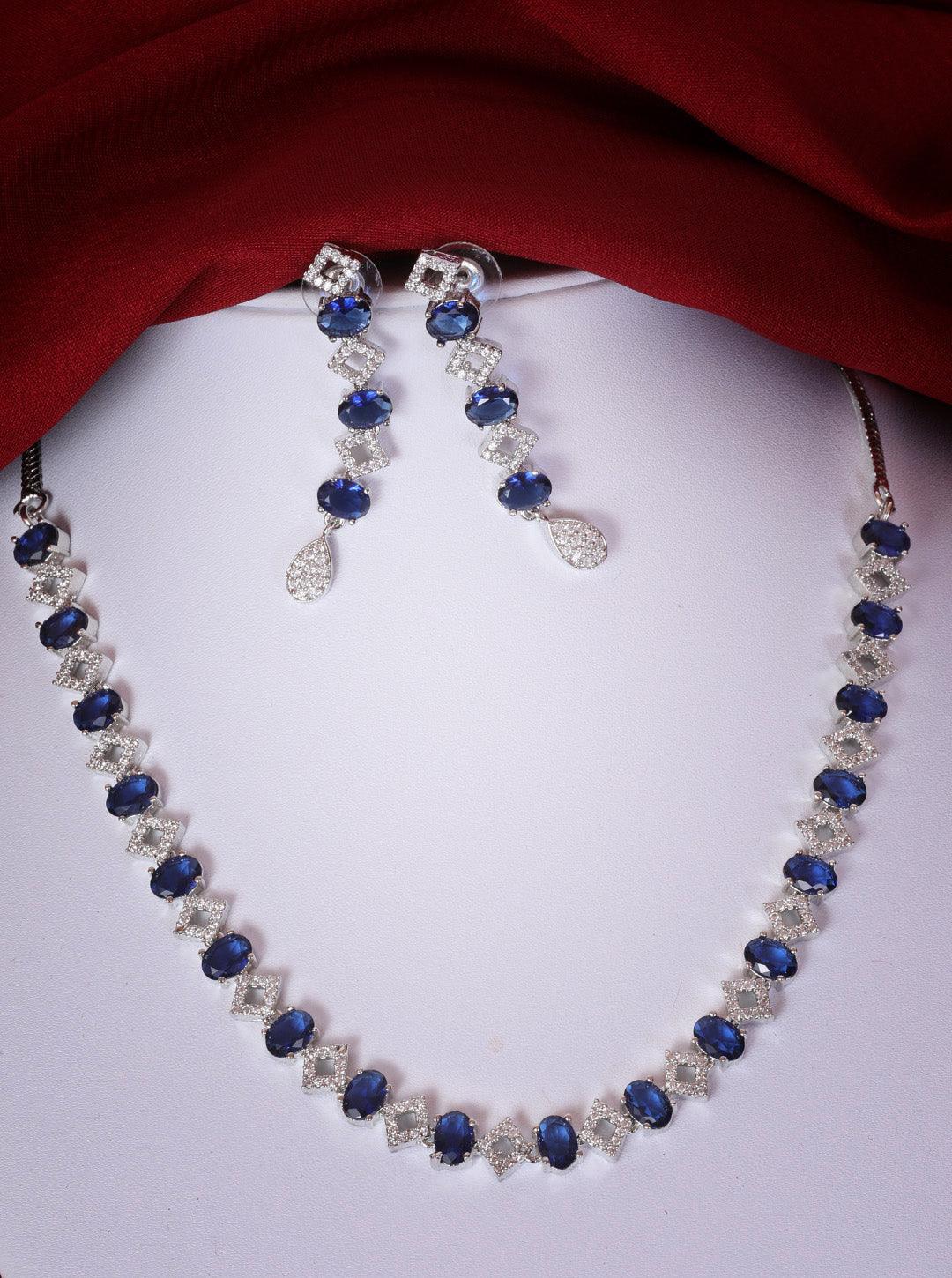 Premium Rose Gold Plated with sparkling Blue White CZ stones designer Necklace Set 8938N - Griiham