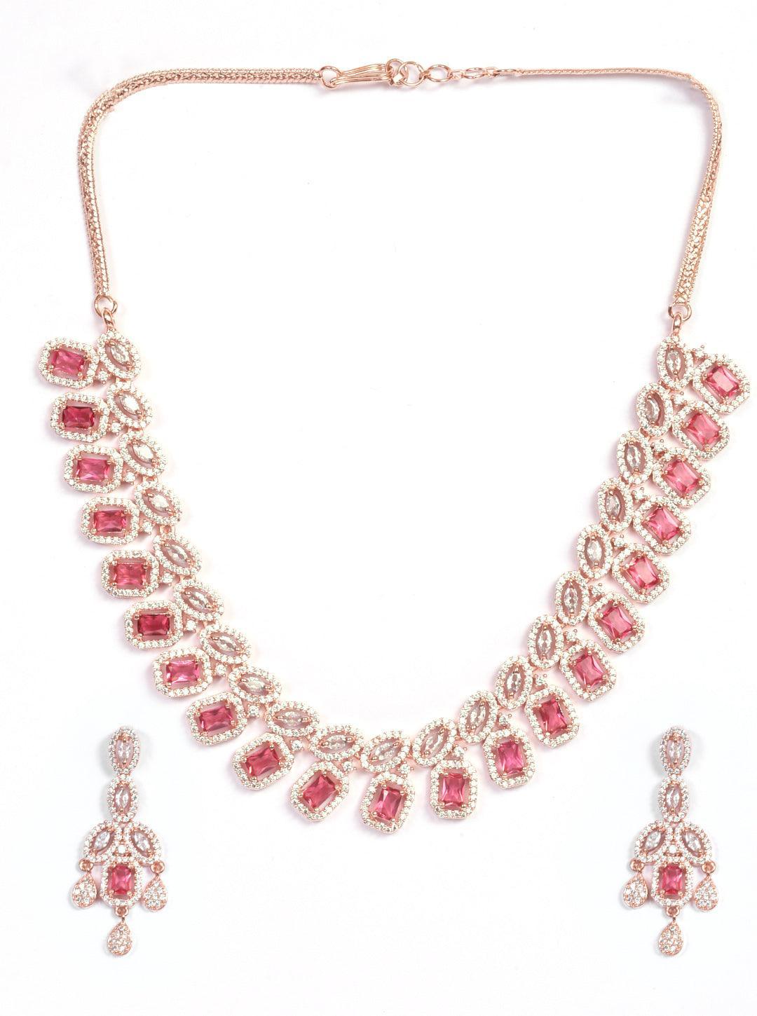 Premium Rose Gold Plated with sparkling Red White CZ stones designer Necklace Set 8919N - Griiham