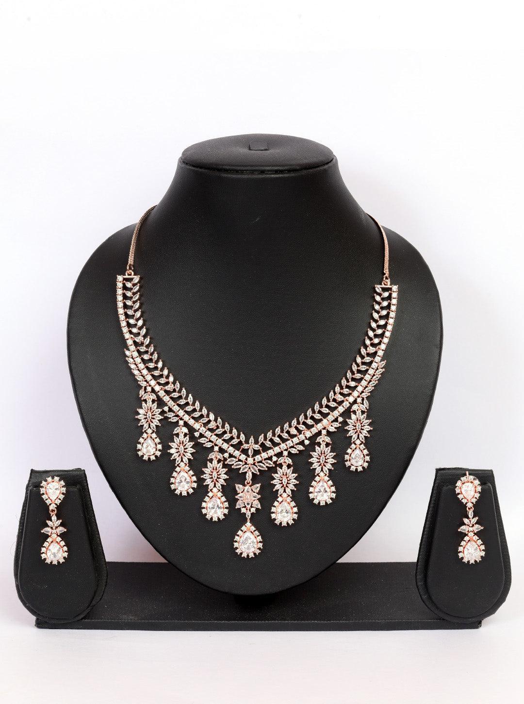 Premium Rose Gold Plated with sparkling White CZ stones Bridal Necklace Set 8922N - Griiham