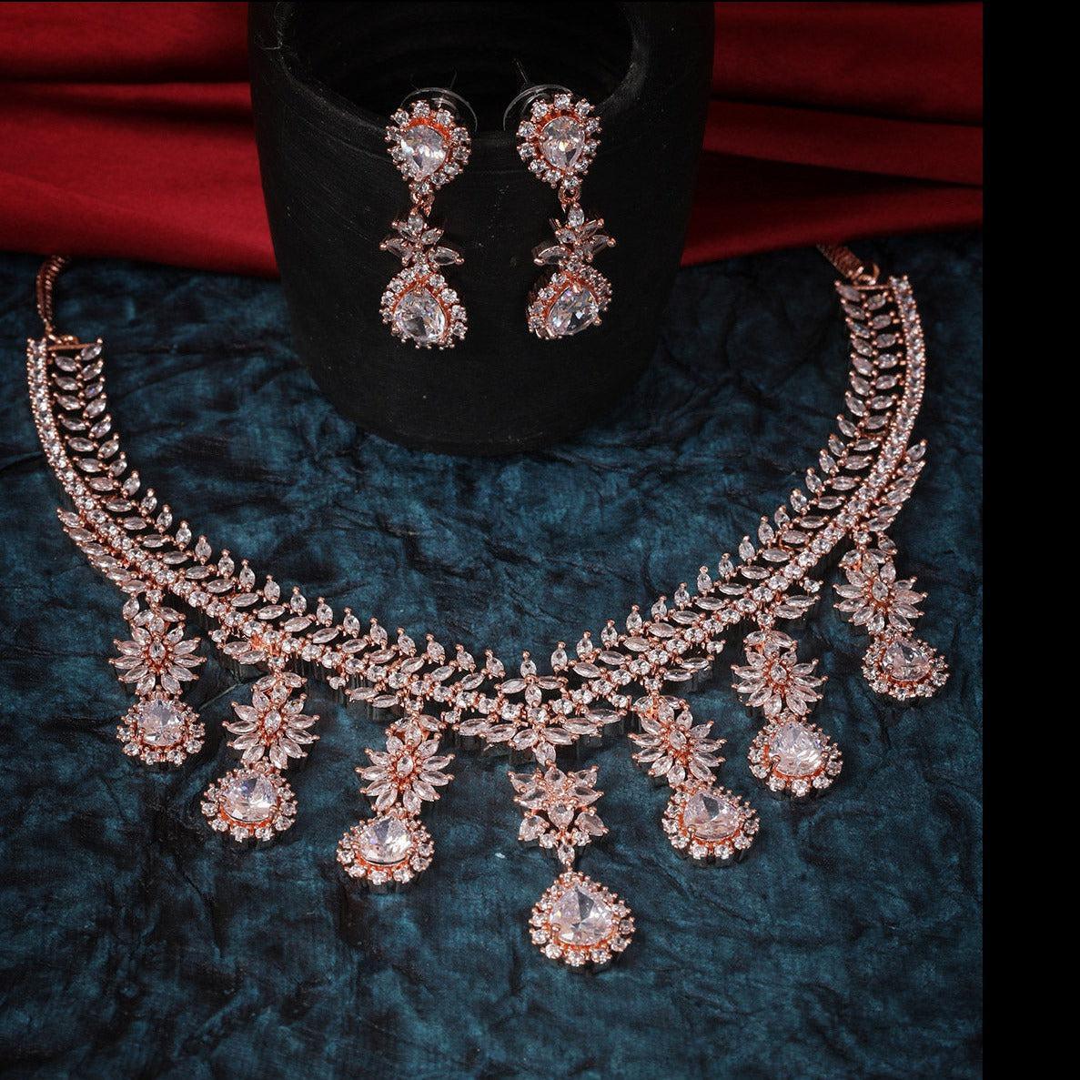 Premium Rose Gold Plated with sparkling White CZ stones Bridal Necklace Set 8922N - Griiham