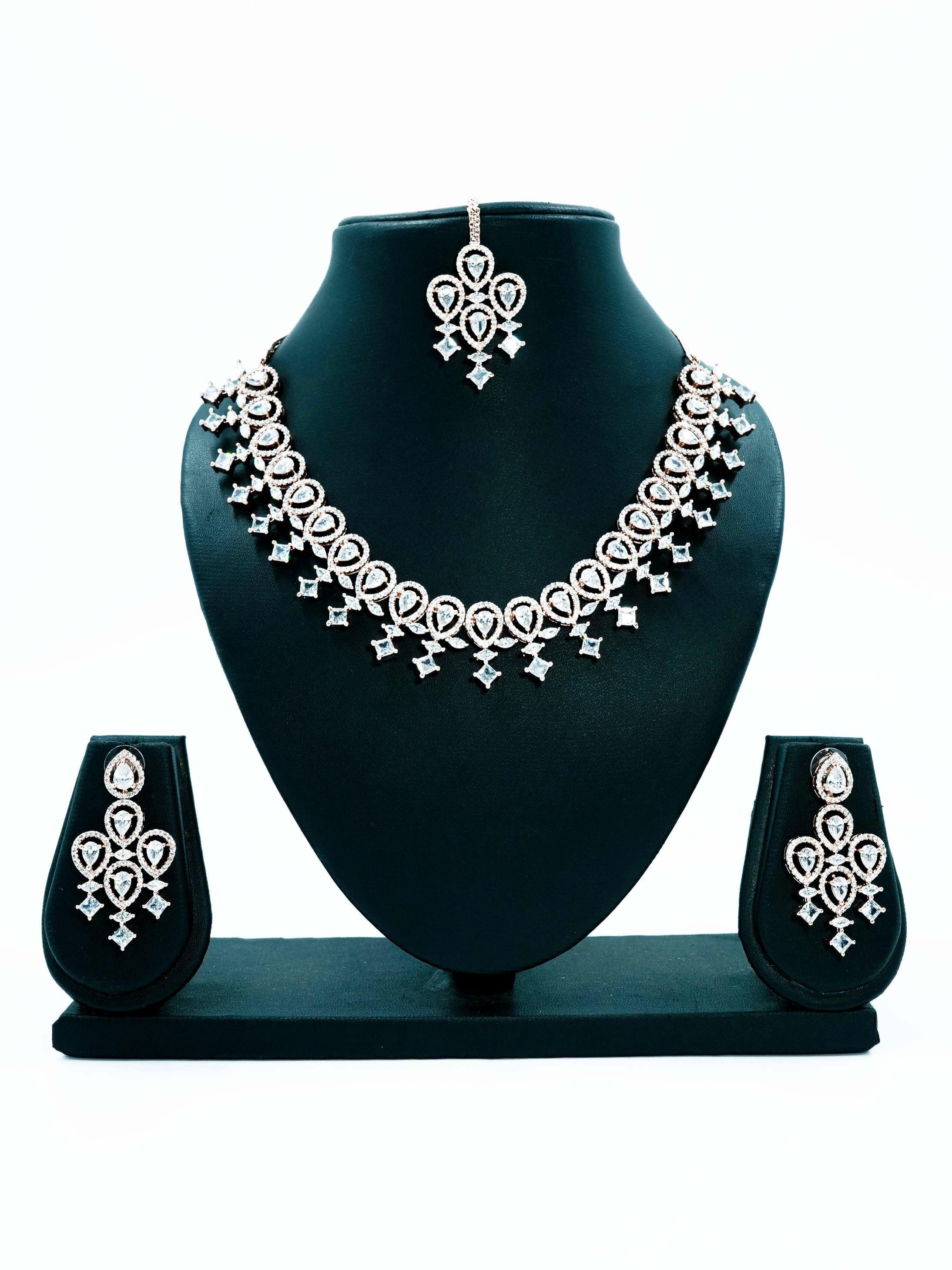 Premium Rose Gold Plated with sparkling White CZ stones Bridal Necklace Set 8924N - Griiham