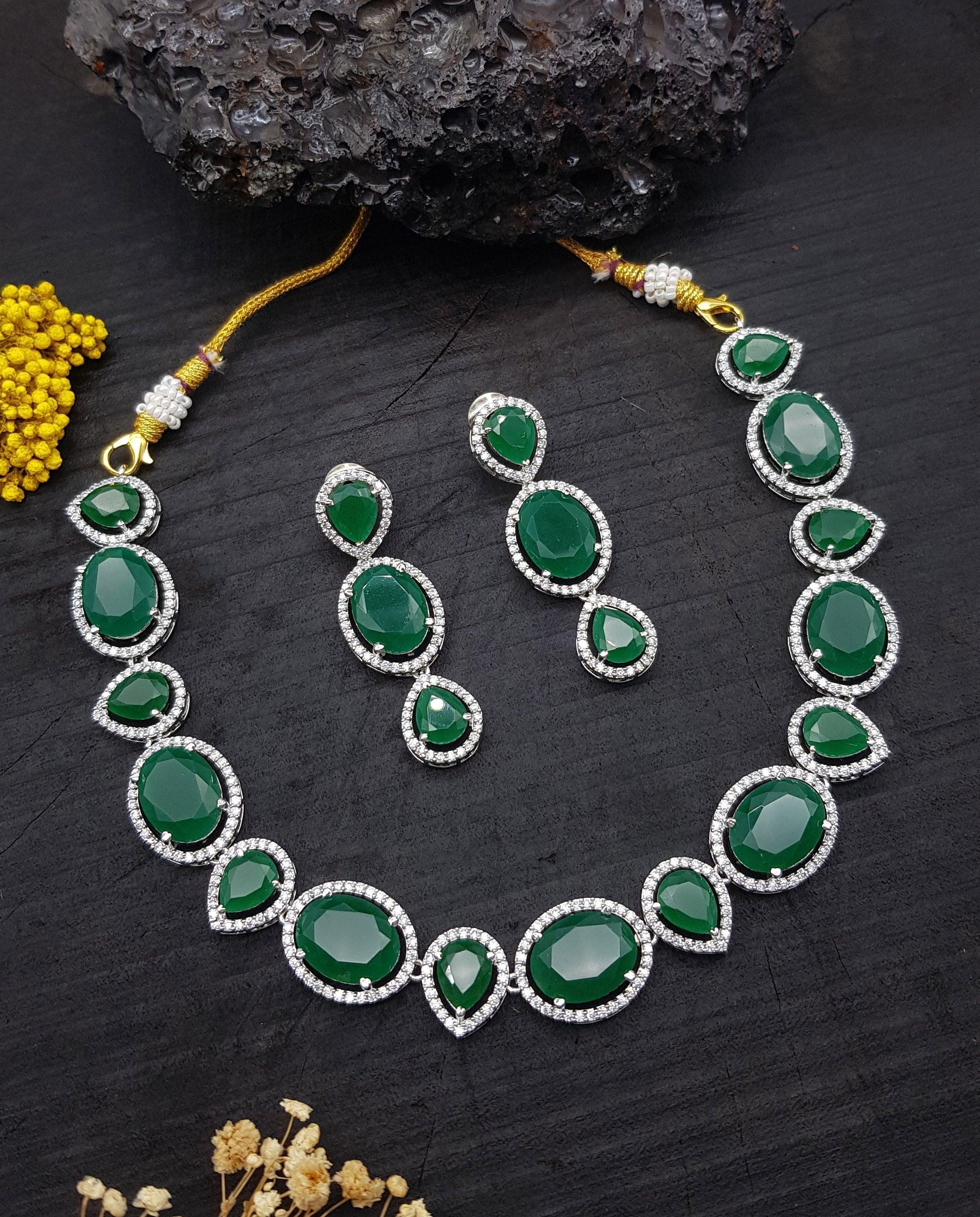 Premium Sayara Collection Elegant Emerald stones CZ Necklace Set