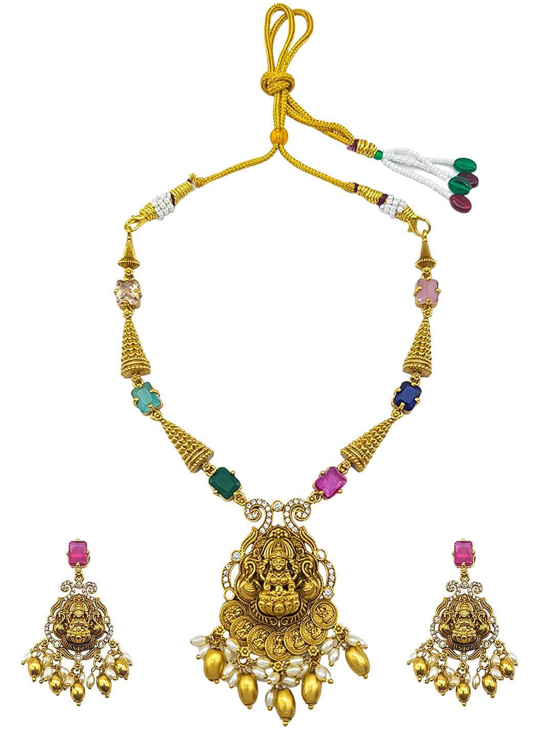 Premium Sayara Collection Elegant Laxmi CZ Necklace Set with navratna stones - Griiham