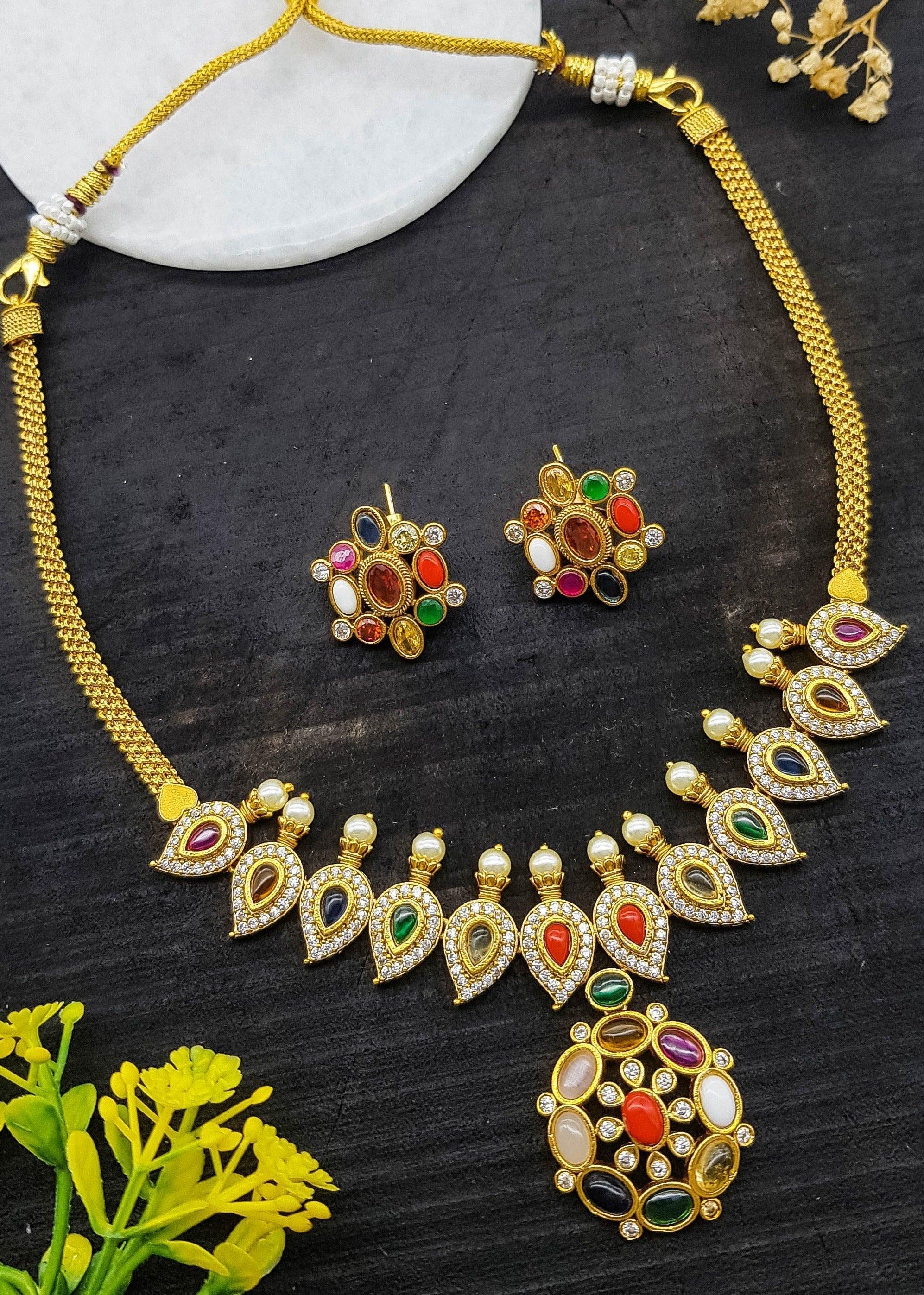 Premium Sayara Collection Elegant Navratna stones CZ Necklace Set