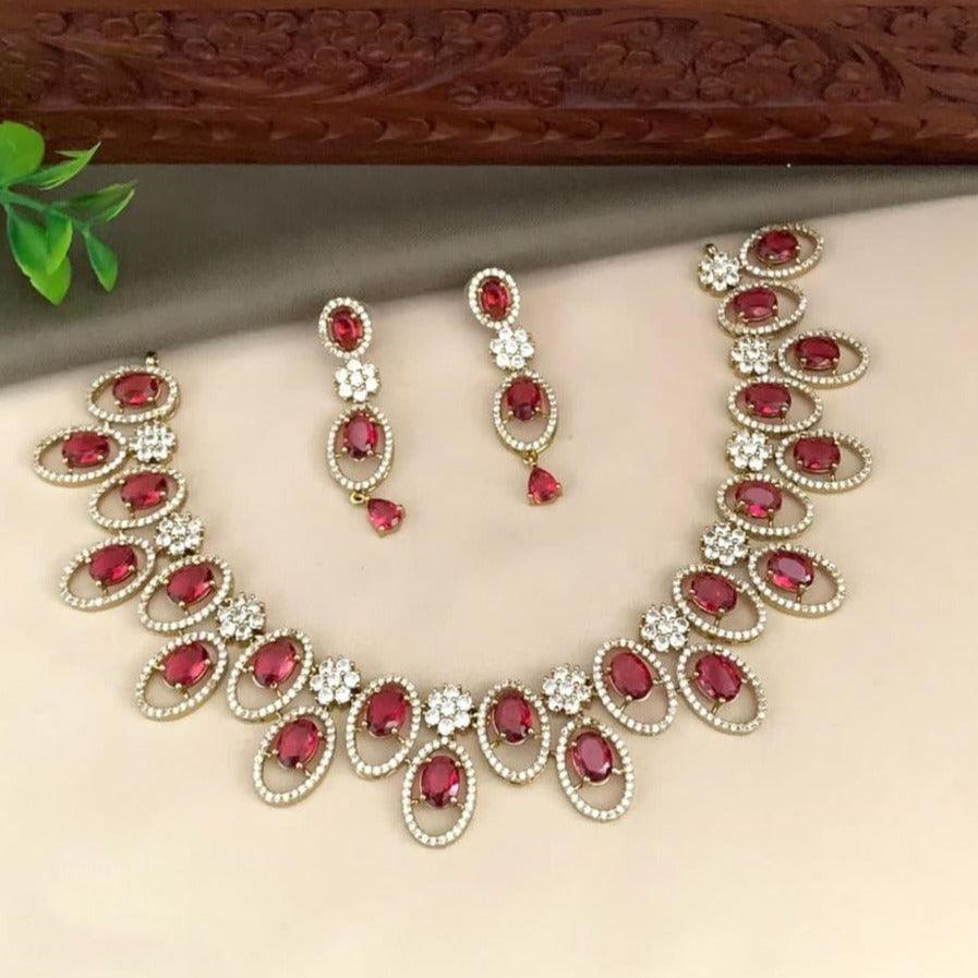 Premium Sayara Collection Elegant Ruby & CZ Necklace Set - Griiham