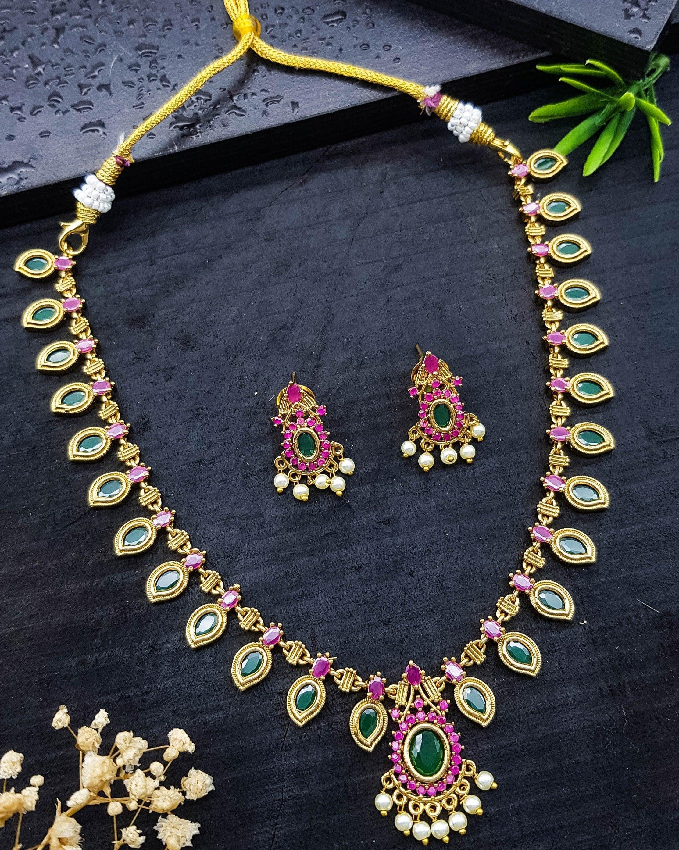 Premium Sayara Collection Elegant Ruby & emerald Necklace Set - Griiham