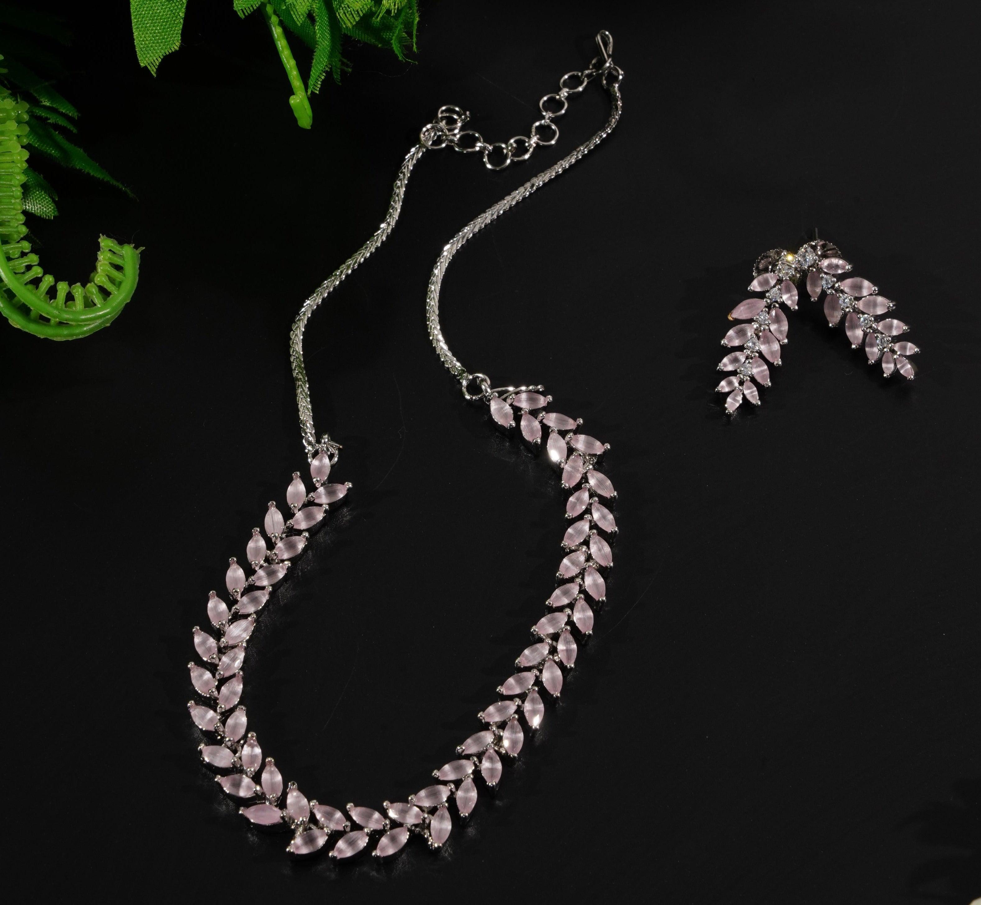 Premium Sayara Collection Pear Shape Necklace Set with Pink CZ Stone