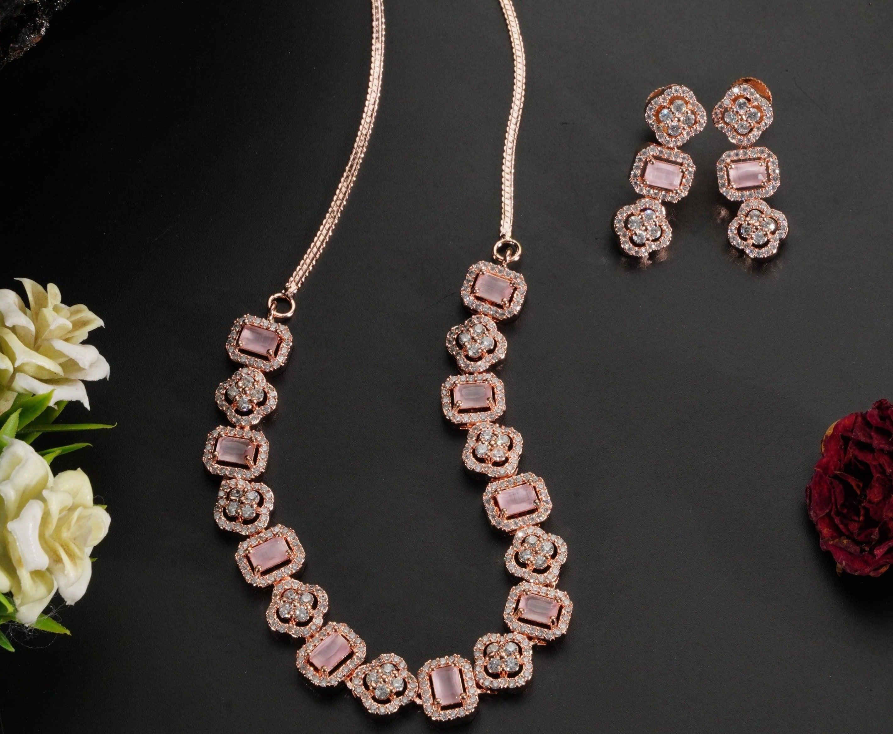 Premium Sayara Collection Rose Gold Plated Necklace set with Top quality Pink white CZ Stone 8813N - Griiham