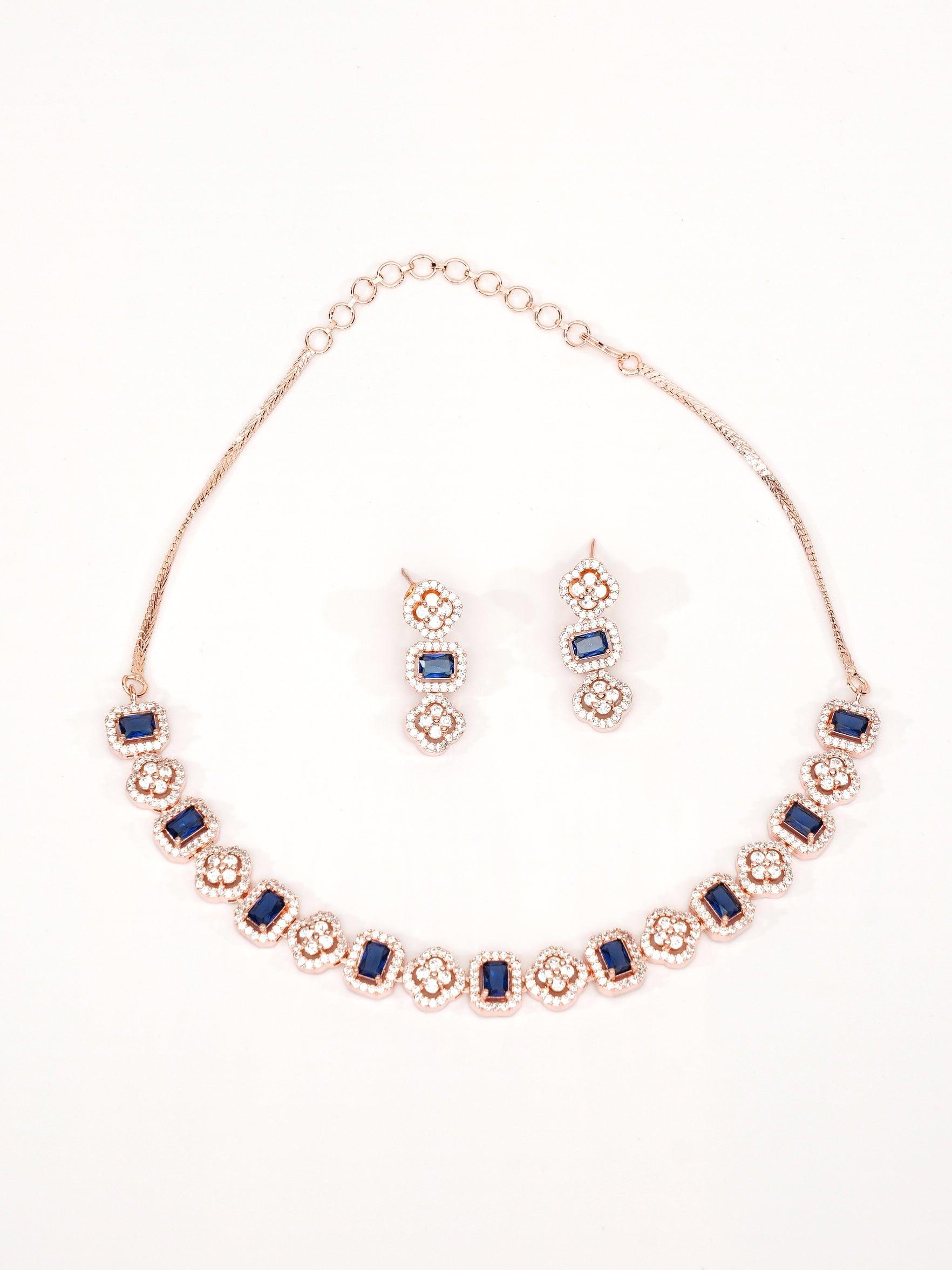 Premium Sayara Collection White Gold Plated Necklace set with Top quality Blue CZ Stone 8815N - Griiham