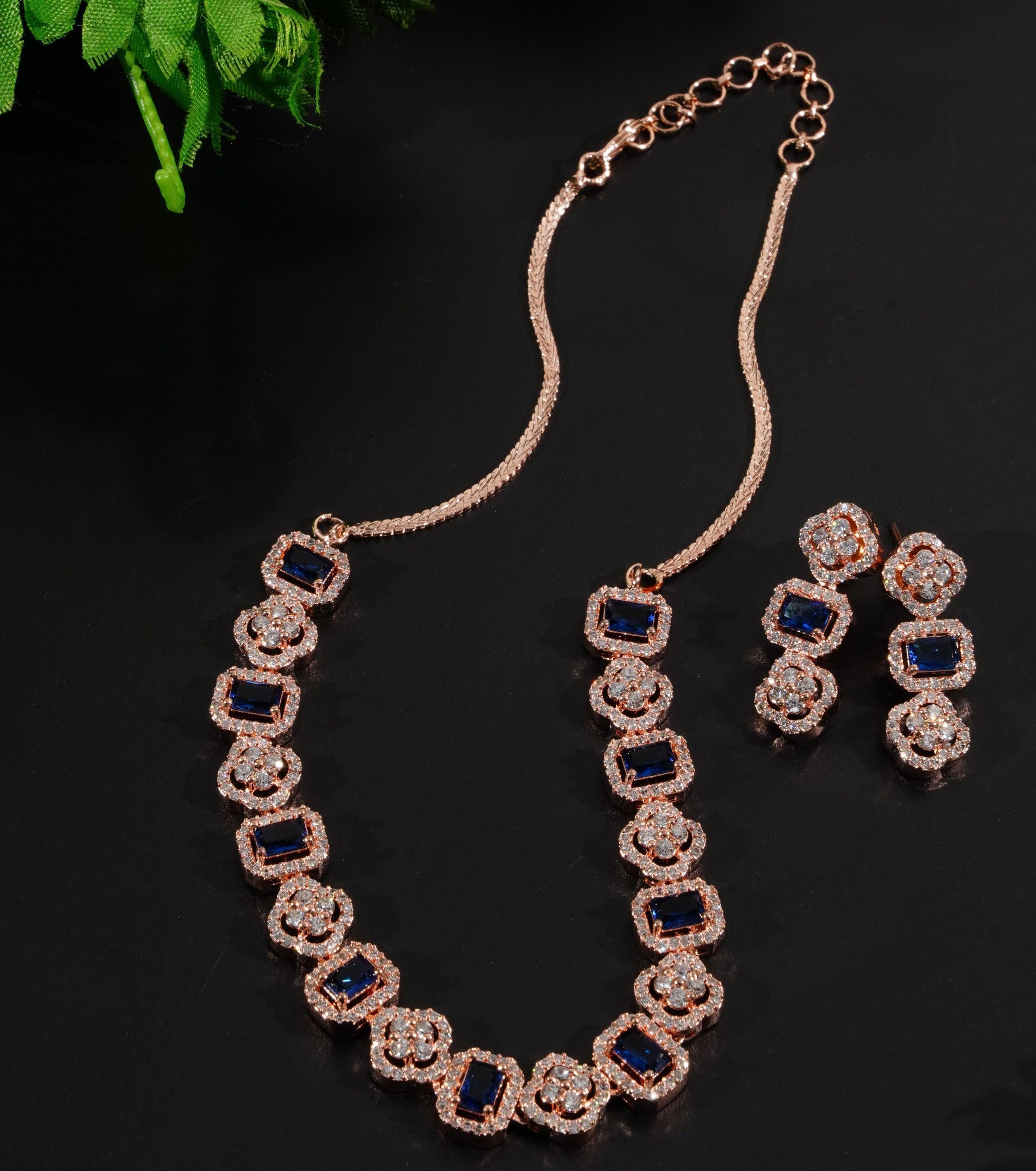 Premium Sayara Collection White Gold Plated Necklace set with Top quality Blue CZ Stone 8815N - Griiham