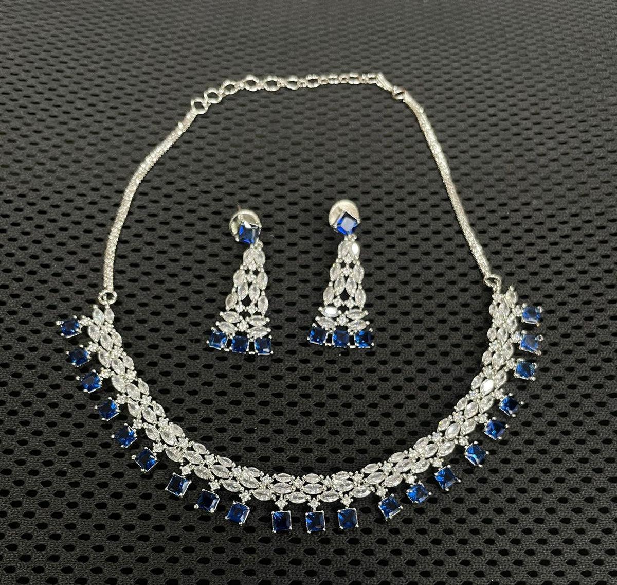 Premium Sayara Collection White Gold Plated Necklace set with best quality blue CZ Stone 8812N-Necklace Set-season end sale item-Griiham