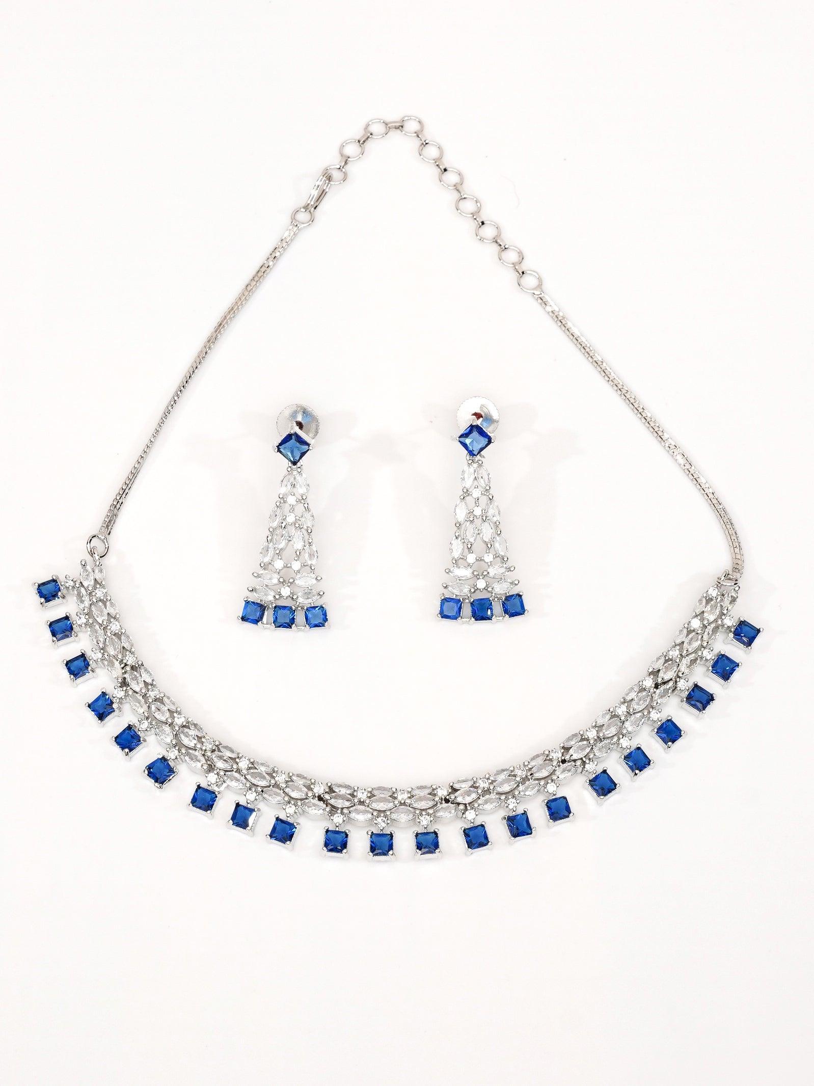 Premium Sayara Collection White Gold Plated Necklace set with best quality blue CZ Ston - Griiham