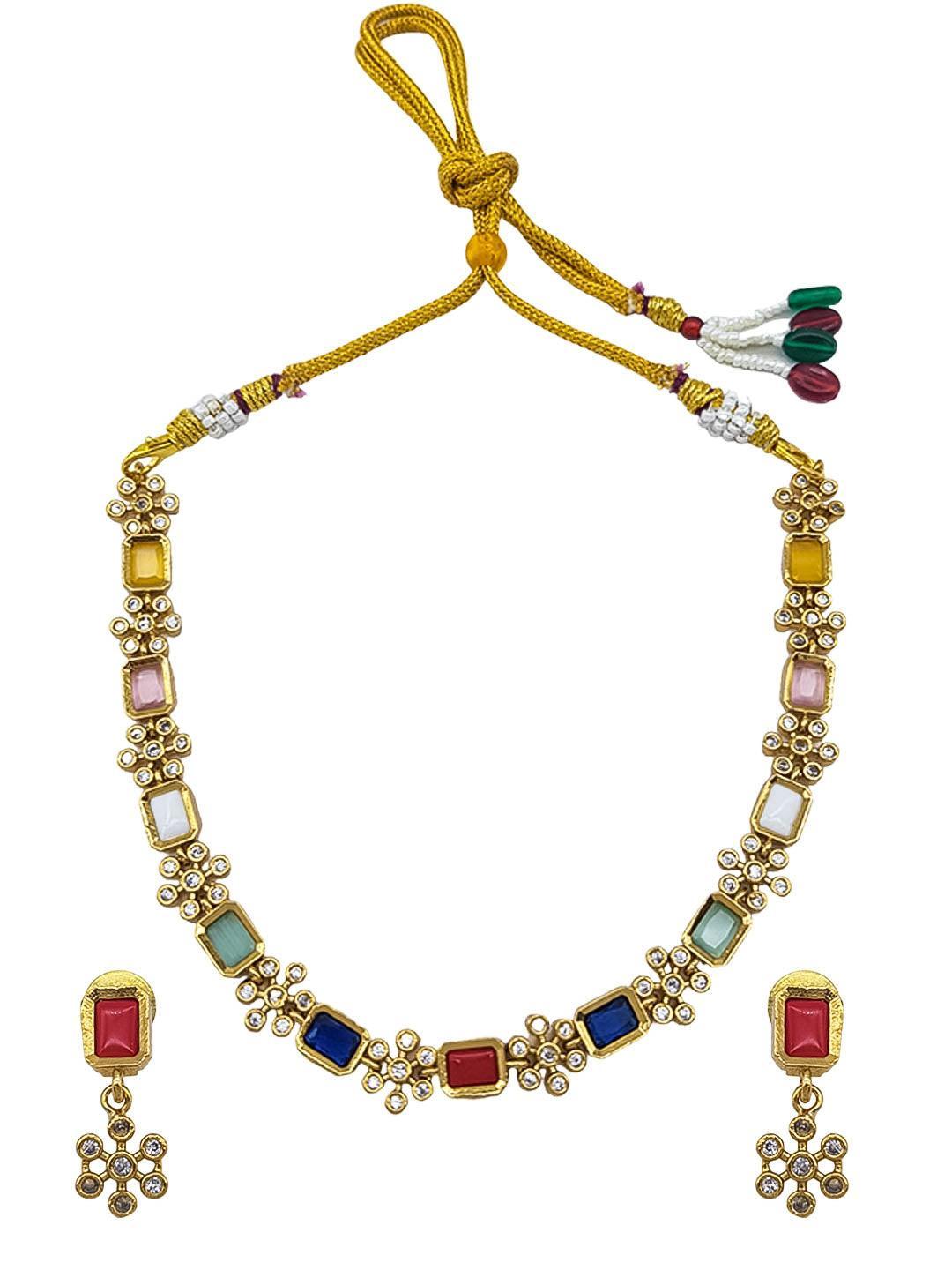 Premium Sayara Collection gold polish Navaratna Necklace Set - Griiham