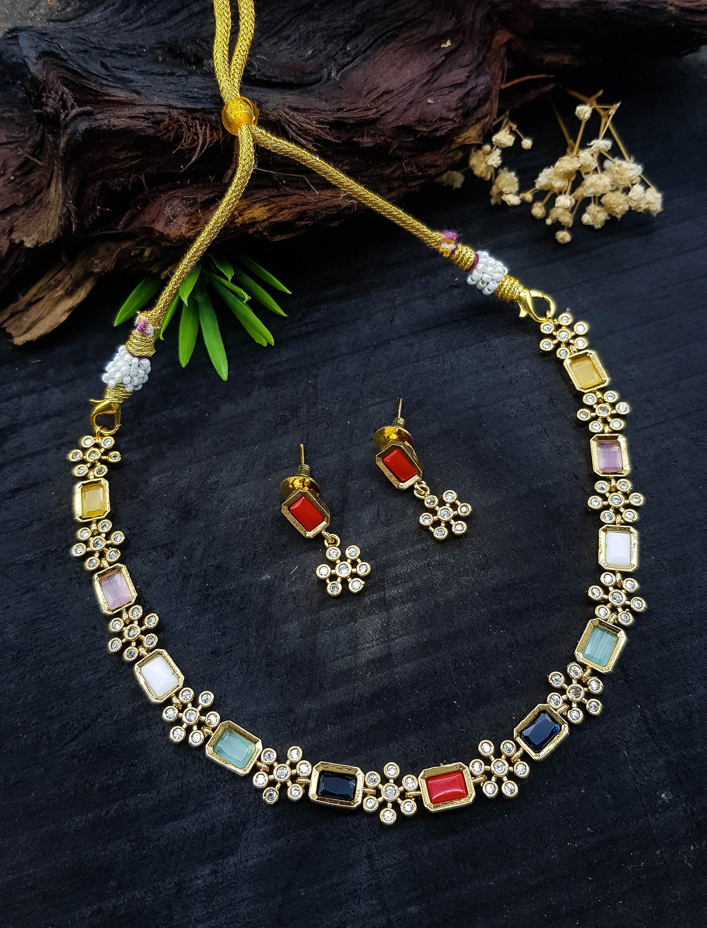 Premium Sayara Collection gold polish Navaratna Necklace Set