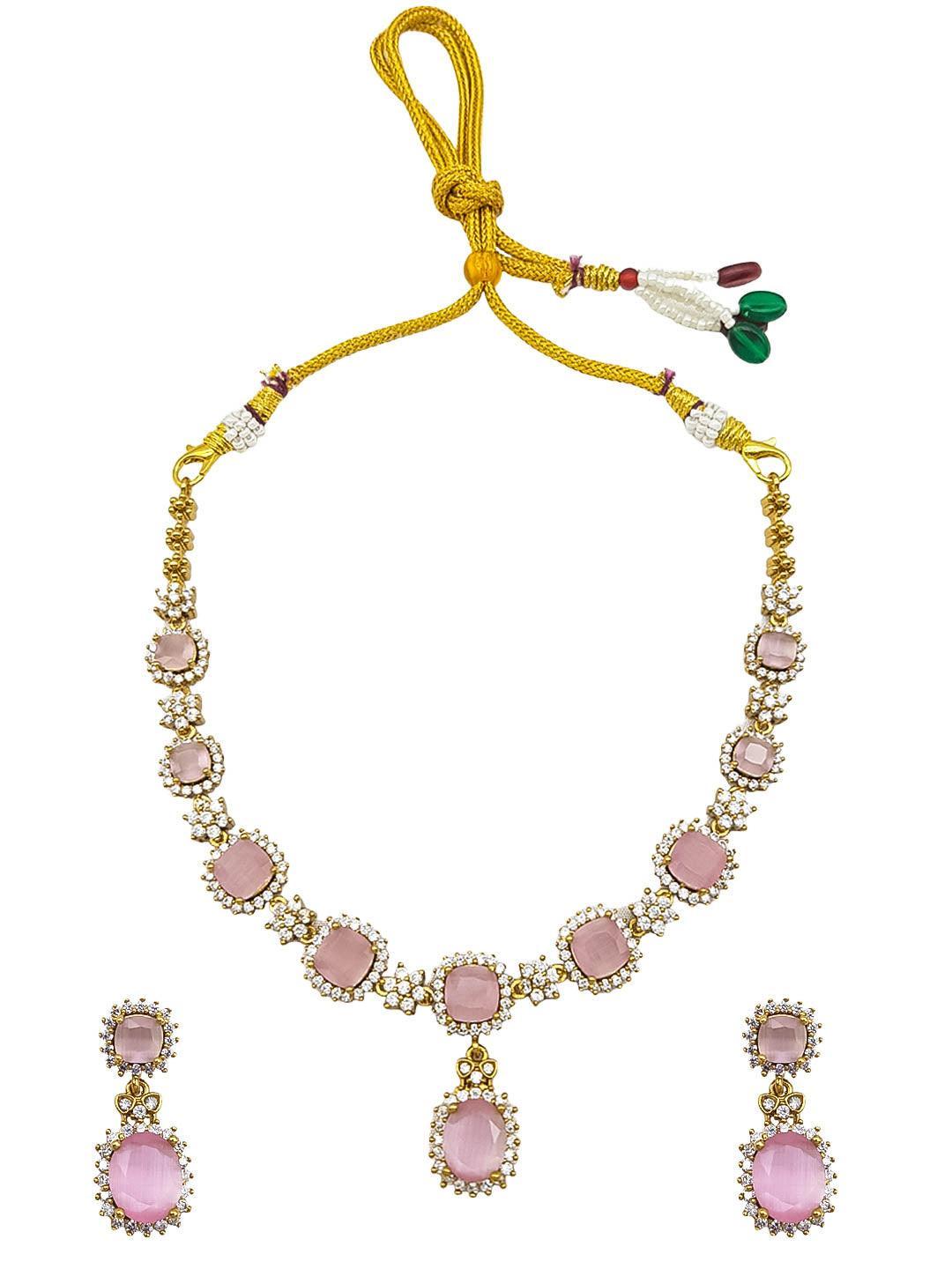 Premium Sayara Collection gold polish Pink Cz Zercon Necklace Set - Griiham