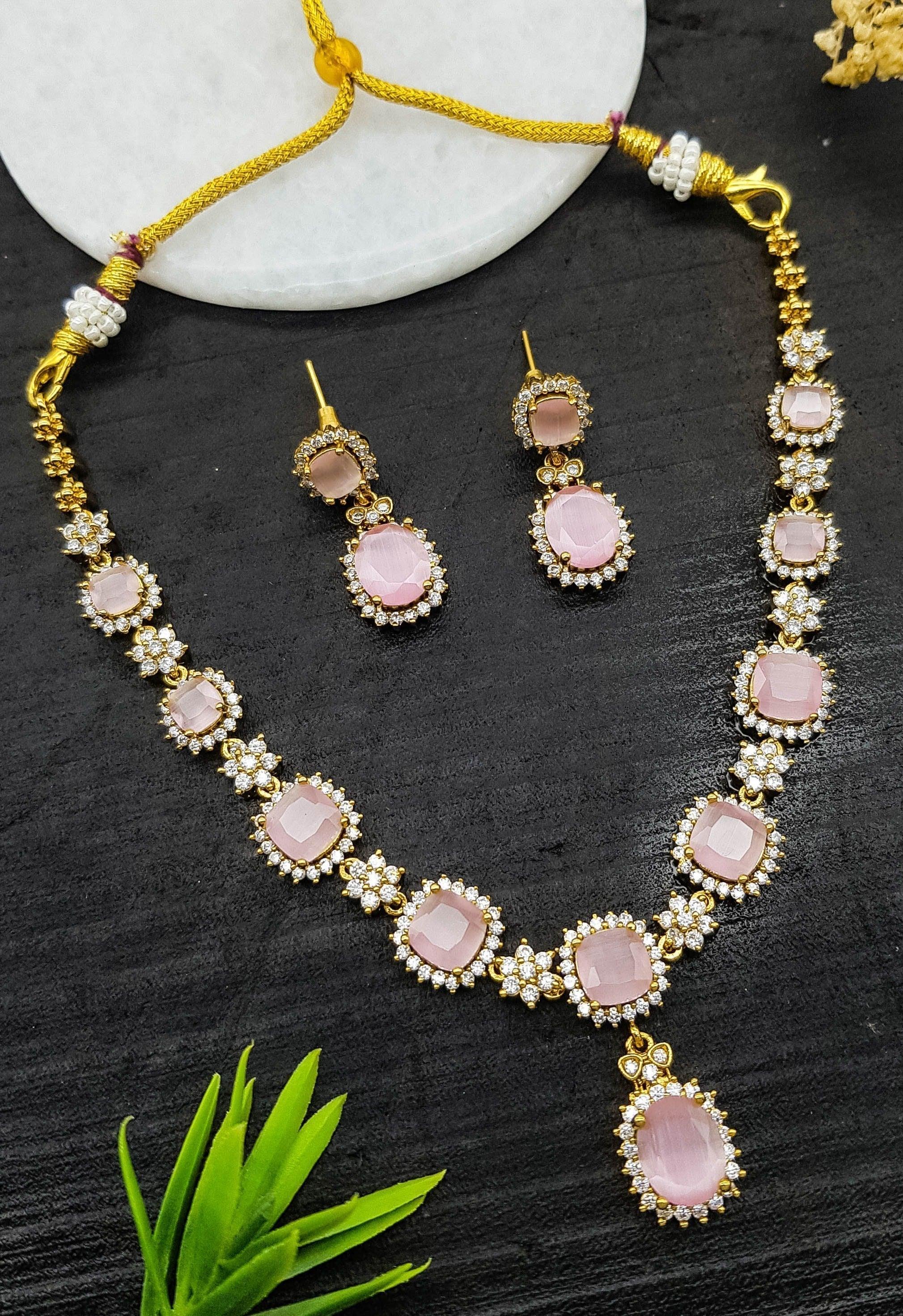 Premium Sayara Collection gold polish Pink Cz Zercon Necklace Set