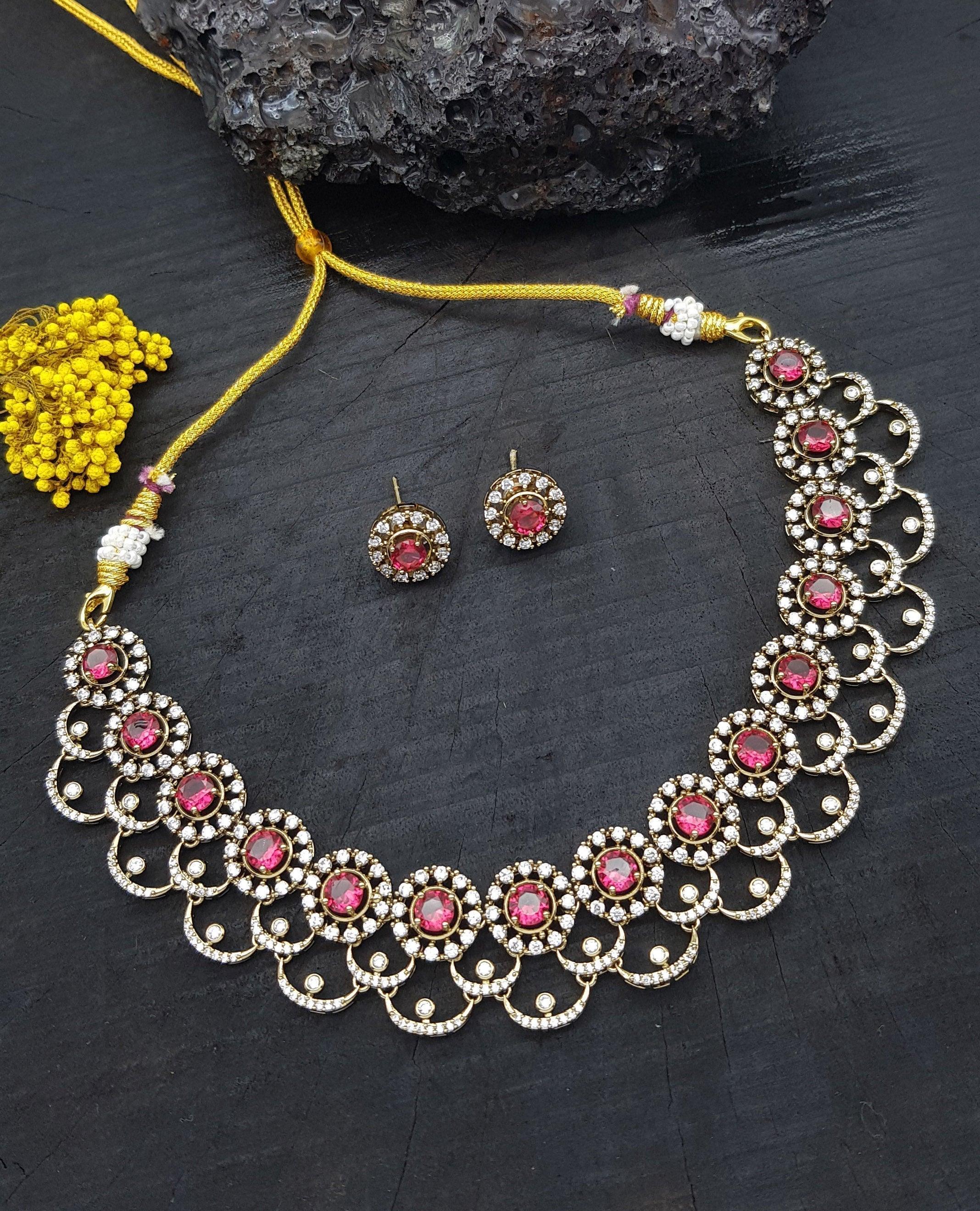 Premium Sayara Collection victorian polish Ruby and CZ Necklace Set