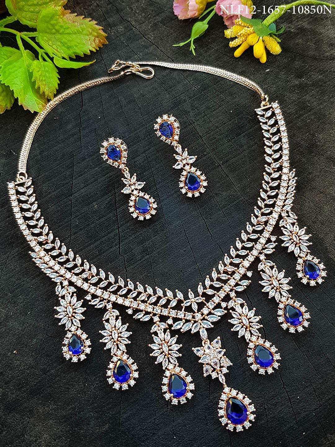 Premium White Gold Plated Sayara Collection Bridal Necklace set with blue stones 10850N - Griiham