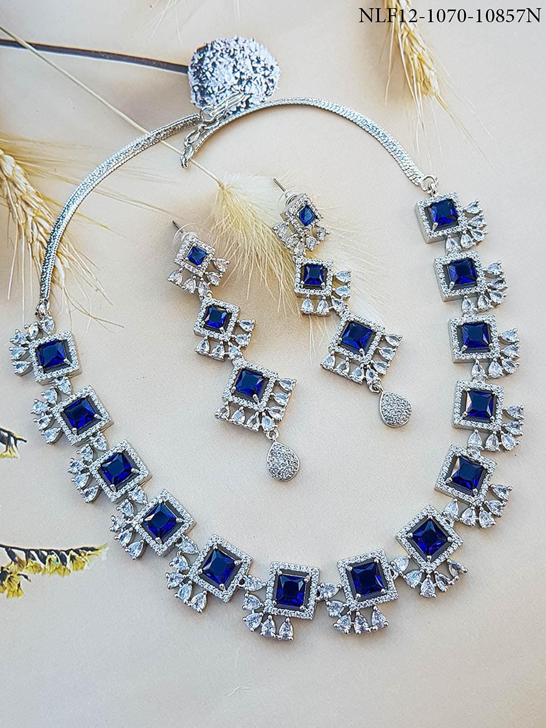 Premium White Gold Plated Sayara Collection designer Necklace set with blue stones