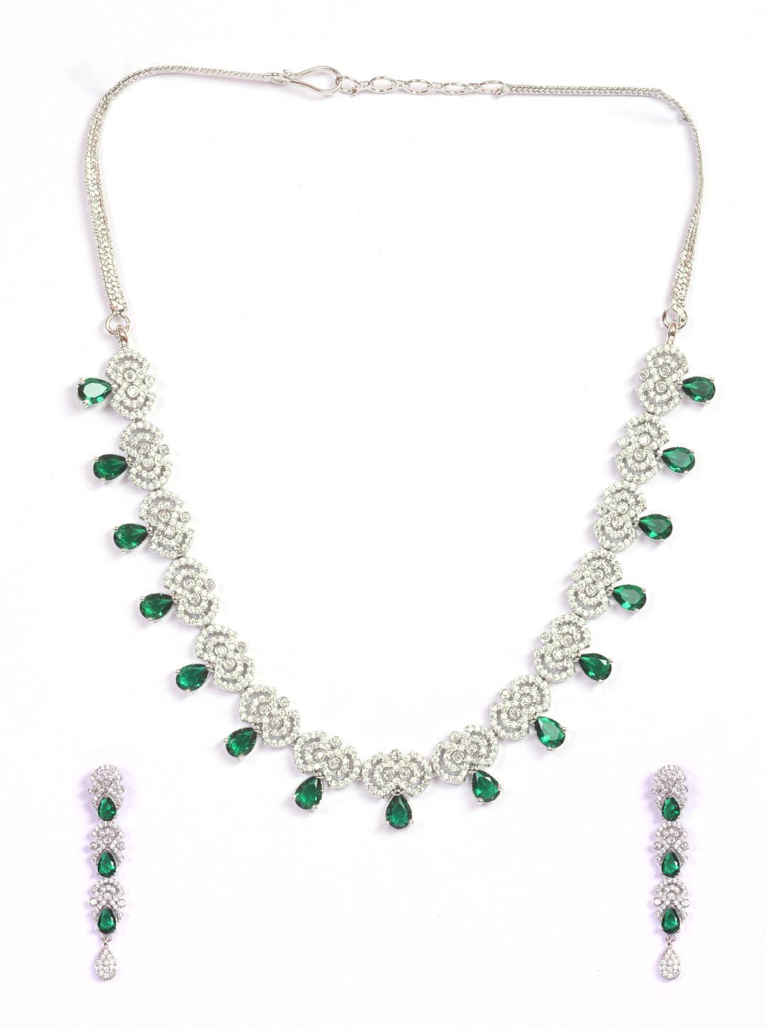 Premium White Gold Plated with sparkling Green White CZ stones Designer Necklace Set 8921N - Griiham