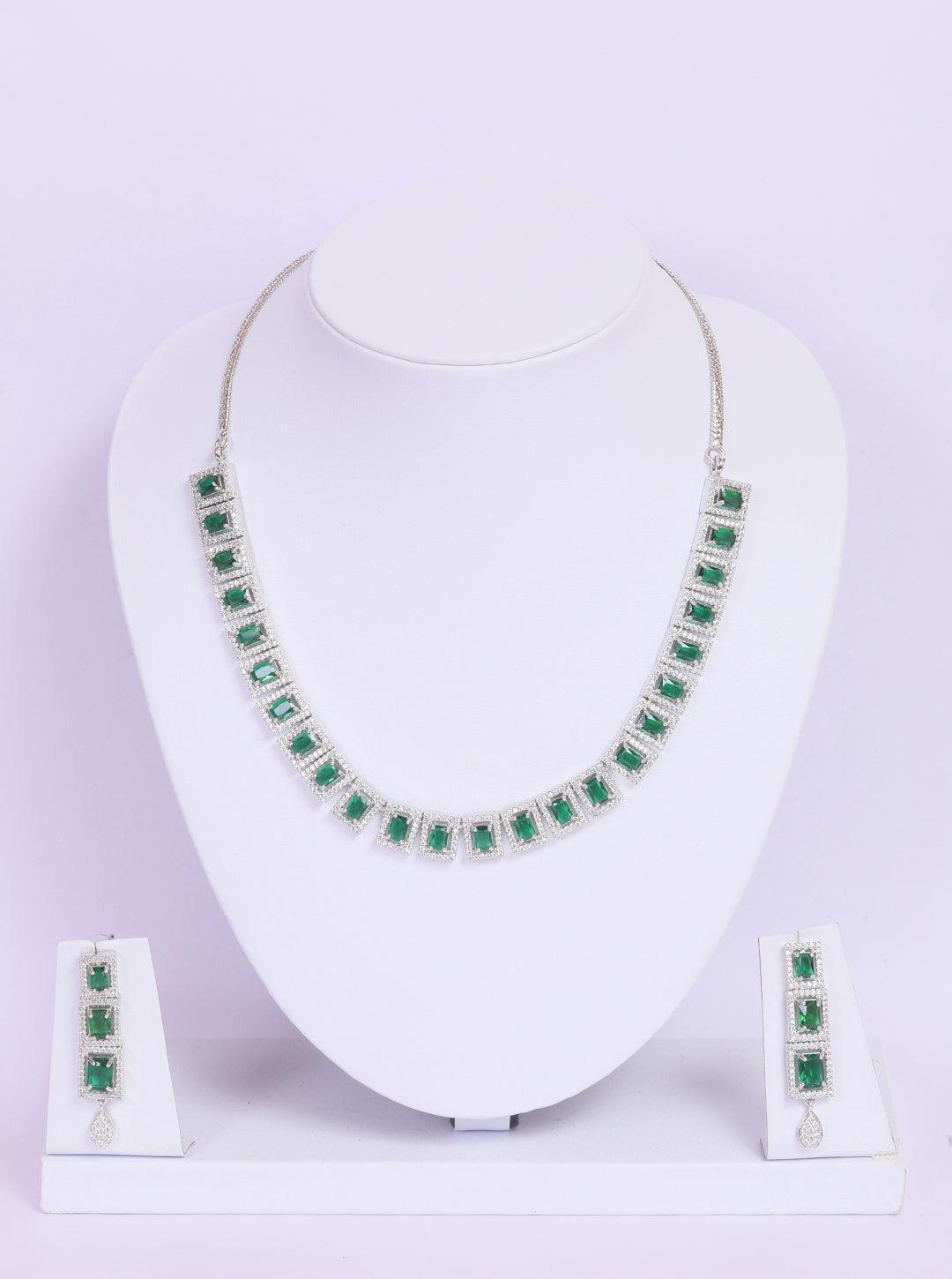 Premium White Gold Plated with sparkling Green White CZ stones Designer Necklace set - Griiham