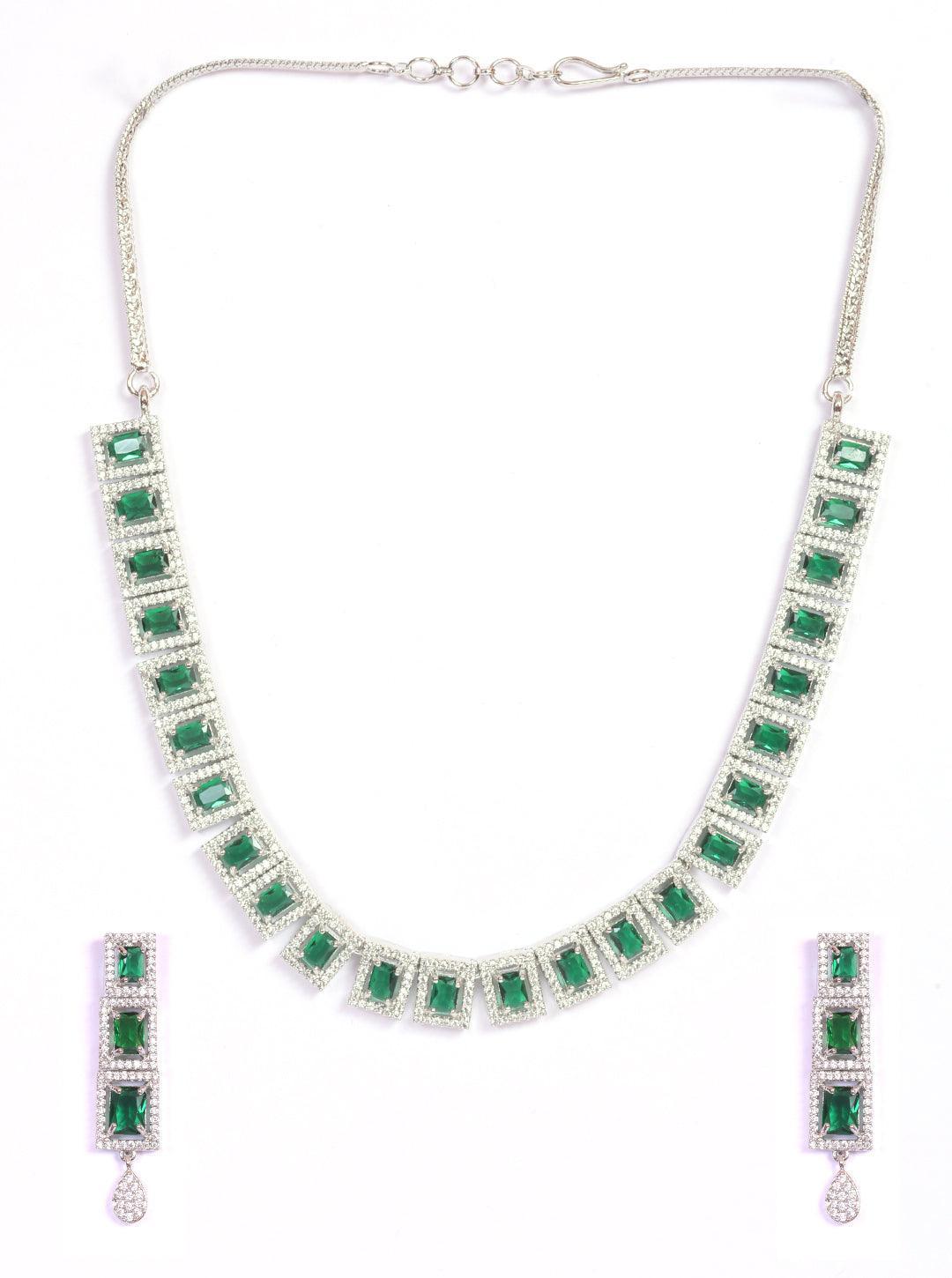 Premium White Gold Plated with sparkling Green White CZ stones Designer Necklace set - Griiham