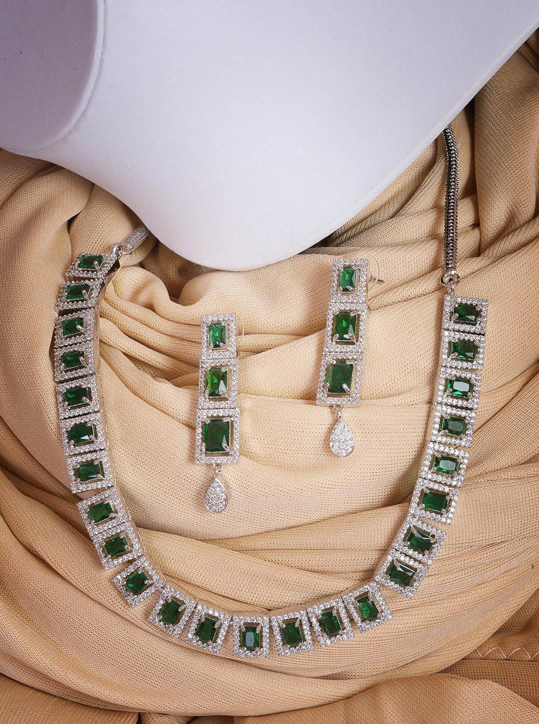 Premium White Gold Plated with sparkling Green White CZ stones Designer Necklace set