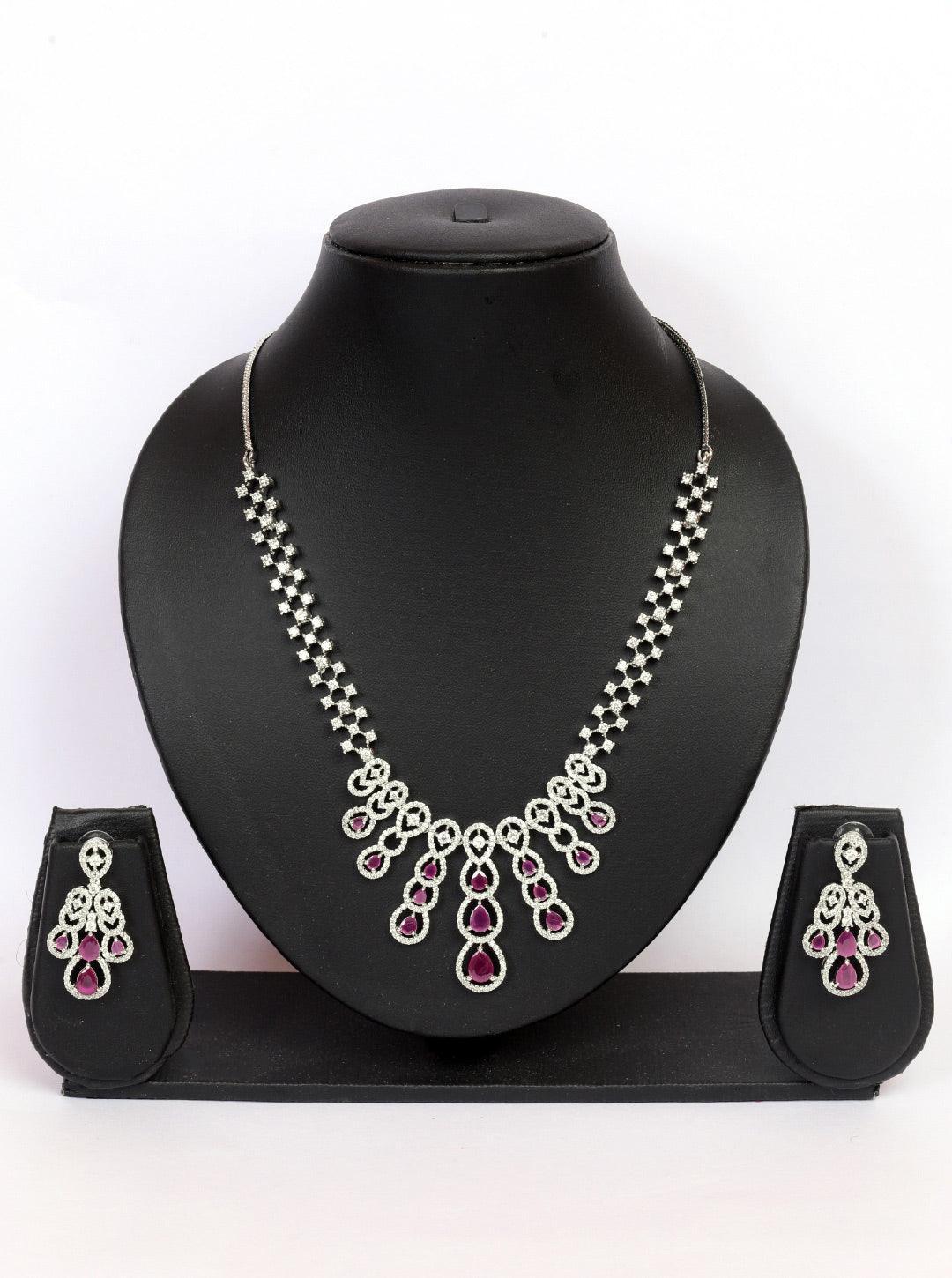 Premium White Gold Plated with sparkling Red White CZ stones Designer Necklace Set 8939N - Griiham