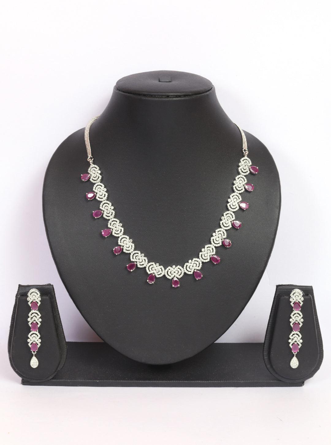 Premium White Gold Plated with sparkling Red White CZ stones Designer Necklace Set 8950N - Griiham