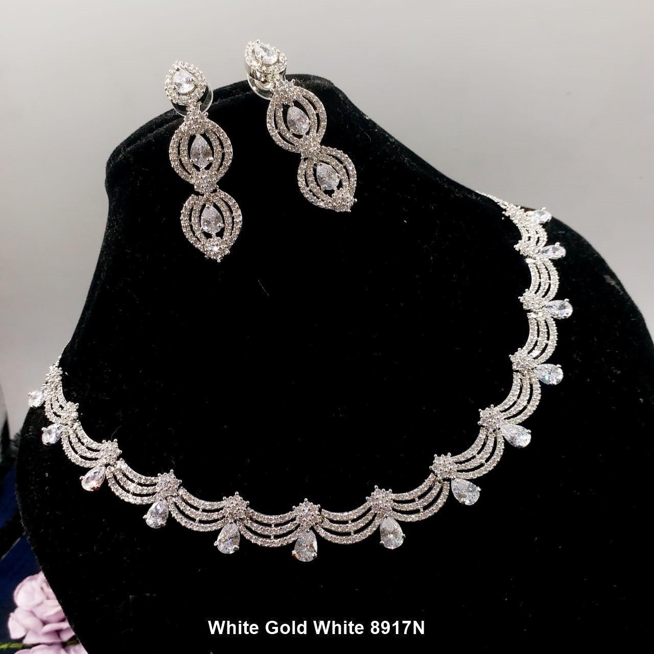 Premium White Gold Plated with sparkling White CZ stones Designer Necklace Set 8917N-Necklace Set-Griiham-Griiham