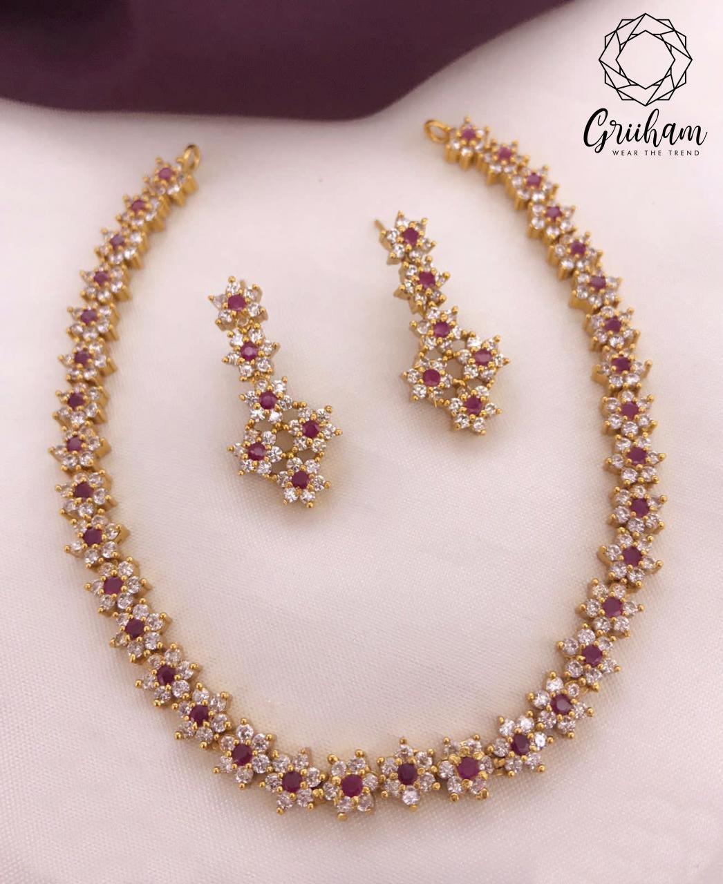 Premium White Gold cz stones Necklace set 7894N-Necklace Set-Kanakam-Ruby Red-Griiham