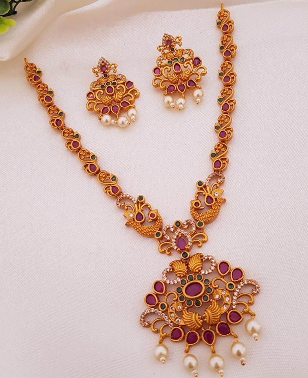 Premium brass based Necklace set ruby emerald stones 5715N - Griiham