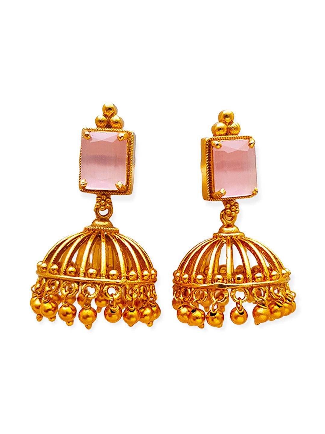 Premium gold Plated High quality zercon stones Jumkas 7641N-Jhumkas & Earrings-Griiham-Pink-Griiham