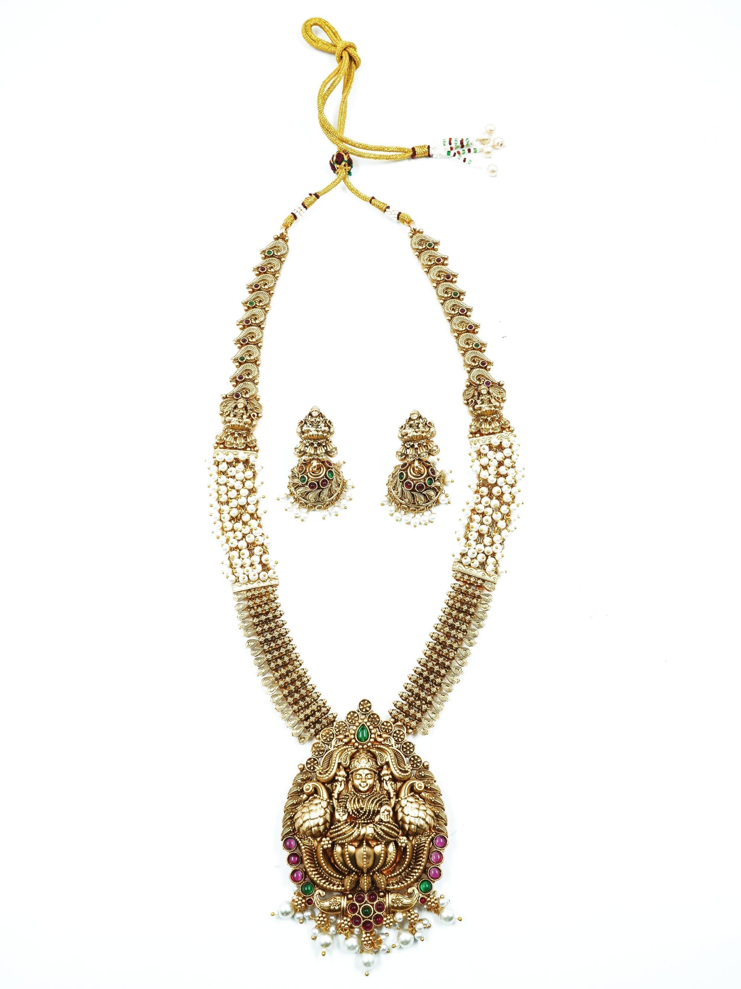 Premium gold finish Designer Long Hara Necklace Set with AD Stones - Griiham