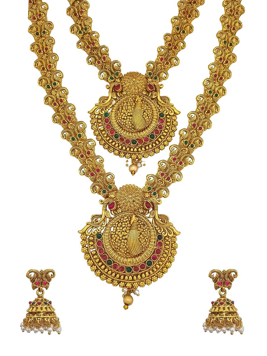 Premium gold finish Long Hara Necklace Set with CZ Stones - Griiham