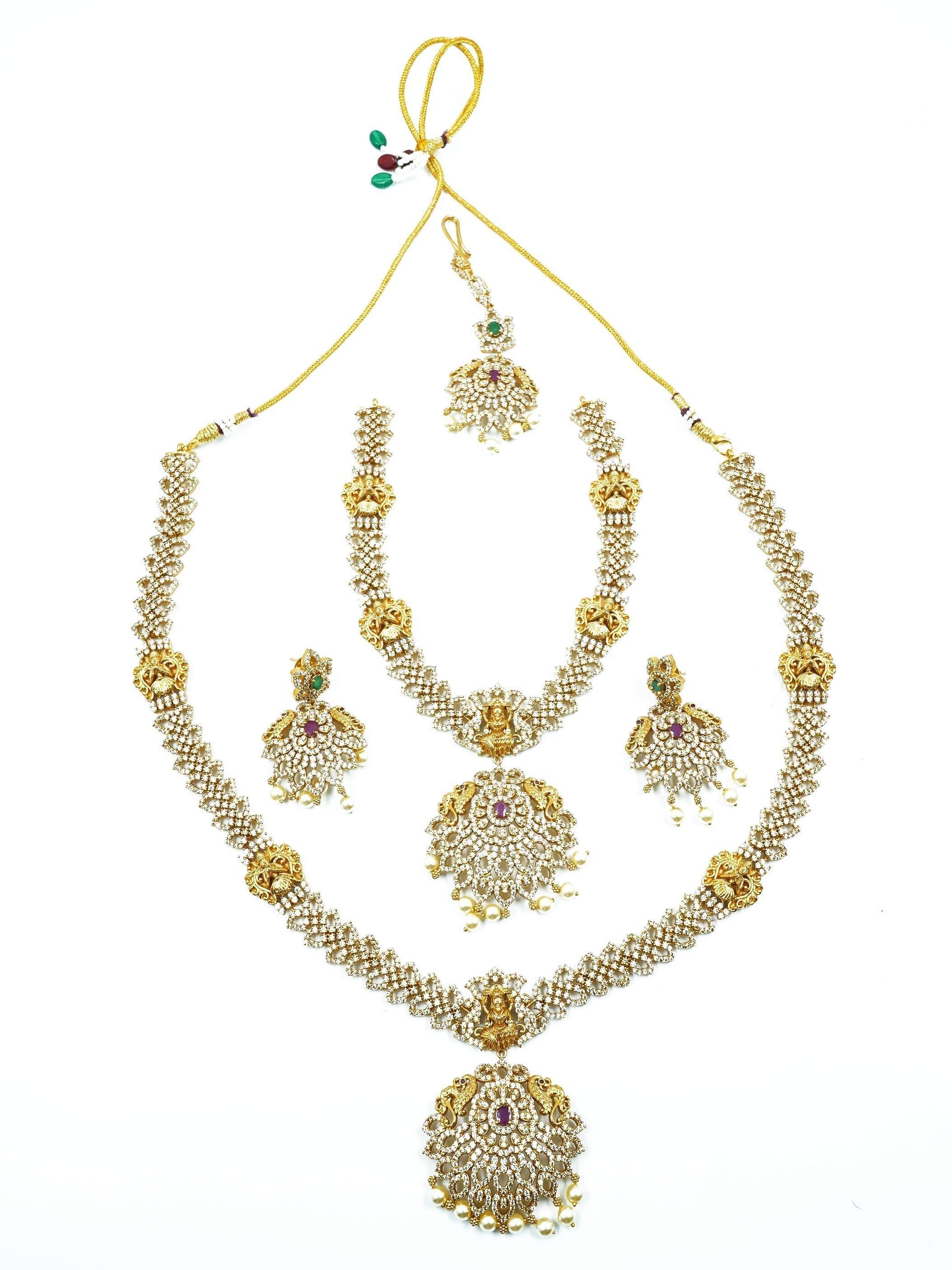 Premium gold finish Long Hara Necklace Set with CZ Stones with Tikka 16704N - Griiham