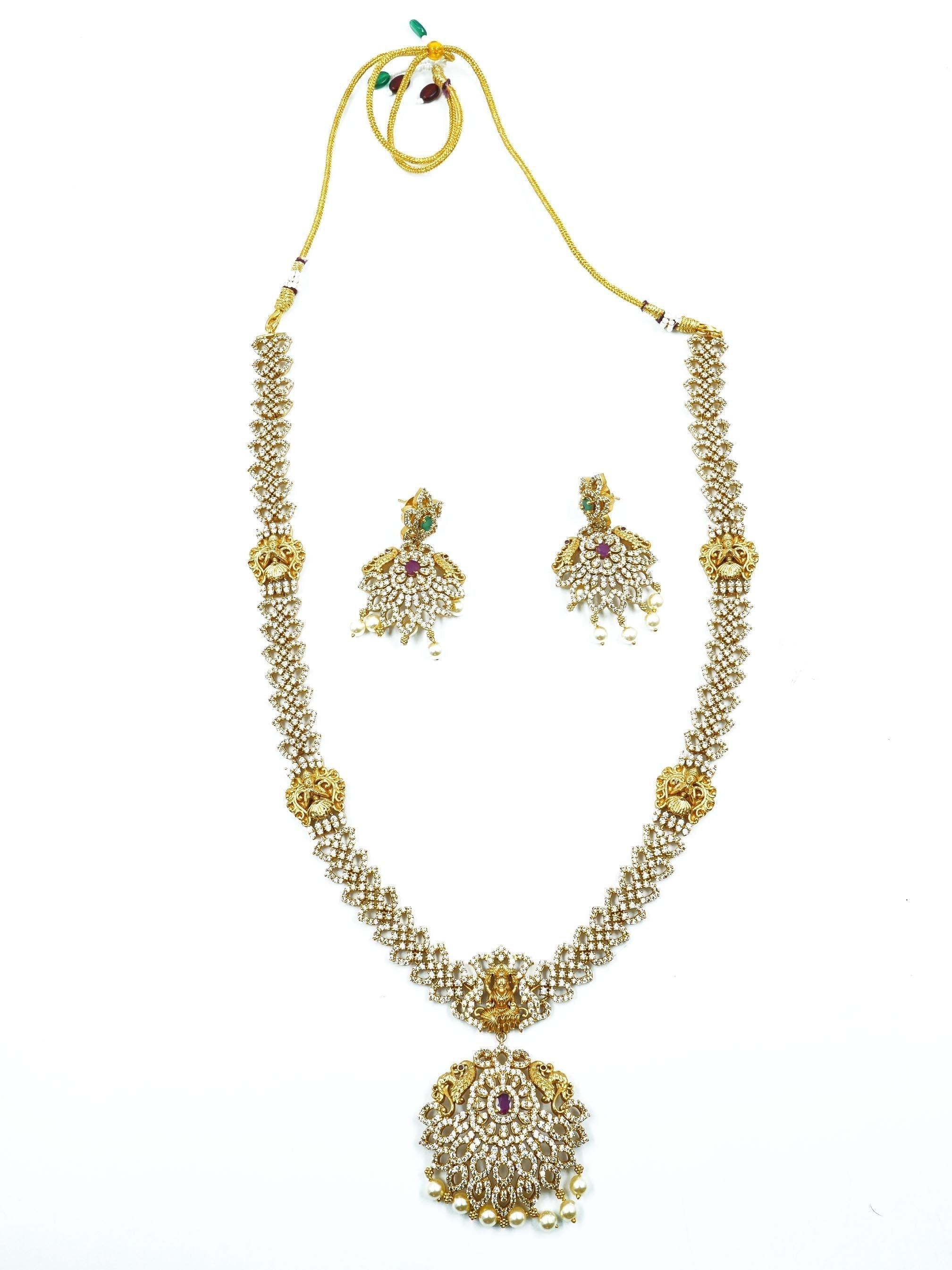 Premium gold finish Long Hara Necklace Set with CZ Stones with Tikka 16704N - Griiham