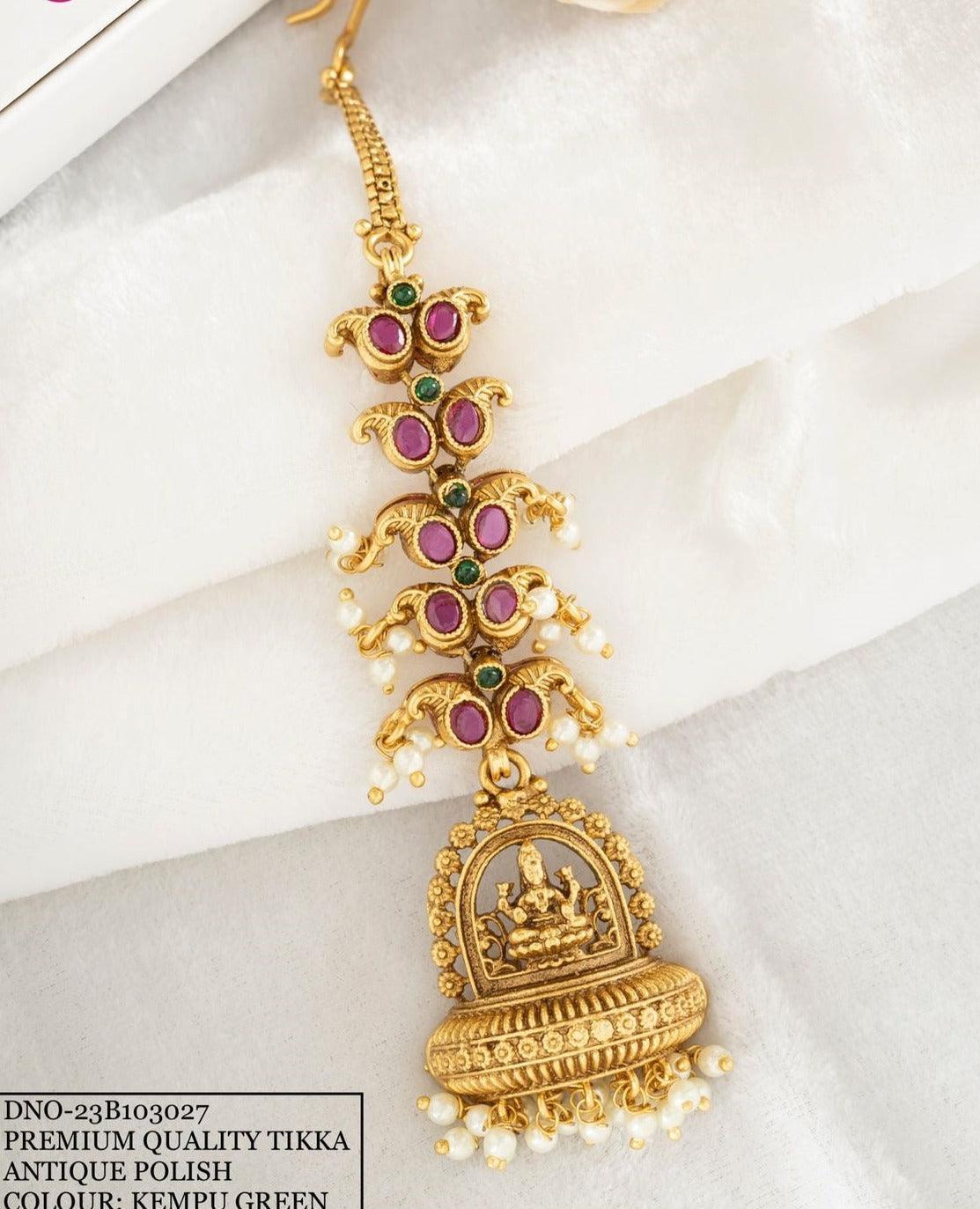 Premium gold plated guaranteed designer Handcrafted Maang Tikka with kempu stone