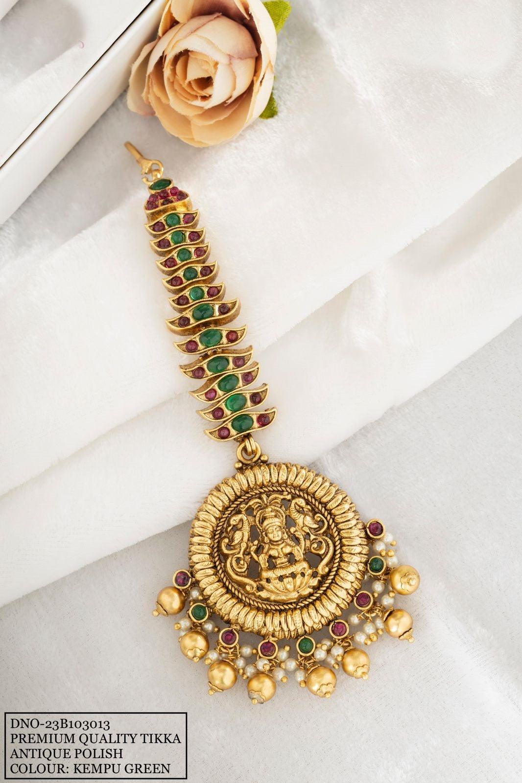 Premium gold plated guaranteed designer Handcrafted Maang Tikka with kempu stones 9516N - Griiham