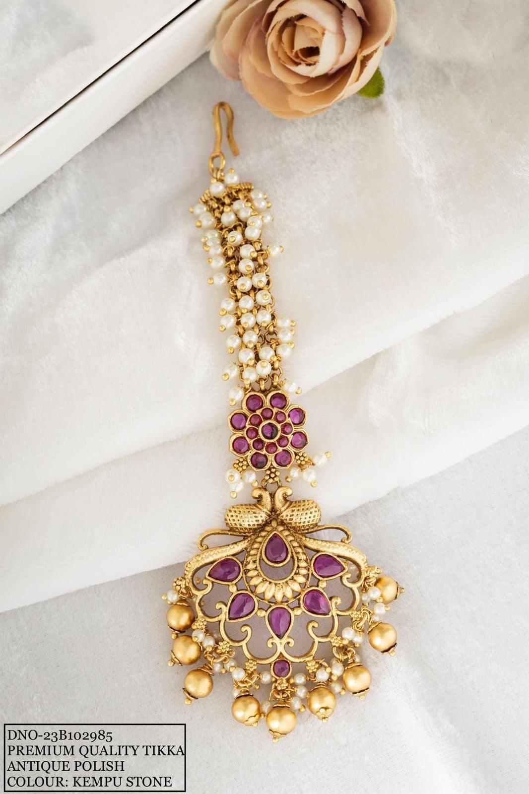 Premium gold plated guaranteed designer Handcrafted Maang Tikka with kempu stones 9519N - Griiham