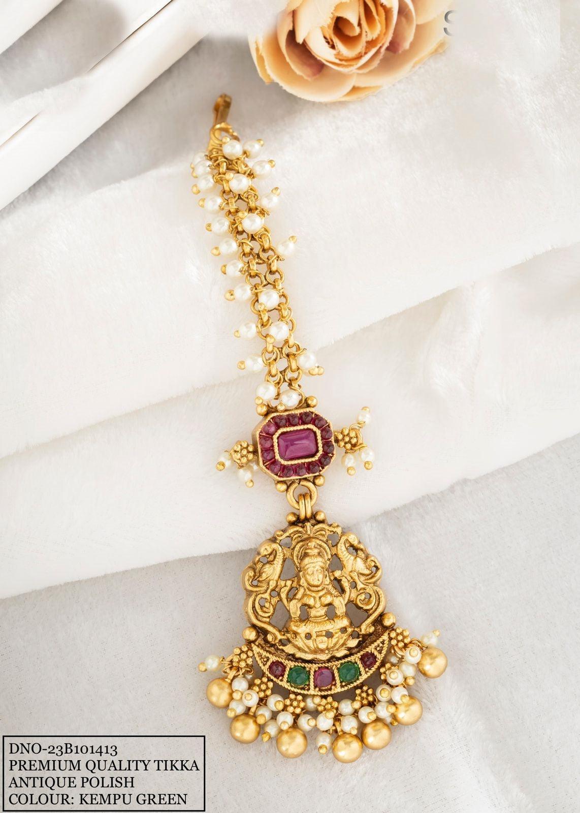 Premium gold plated guaranteed designer Handcrafted Maang Tikka with kempu stones 9521N - Griiham