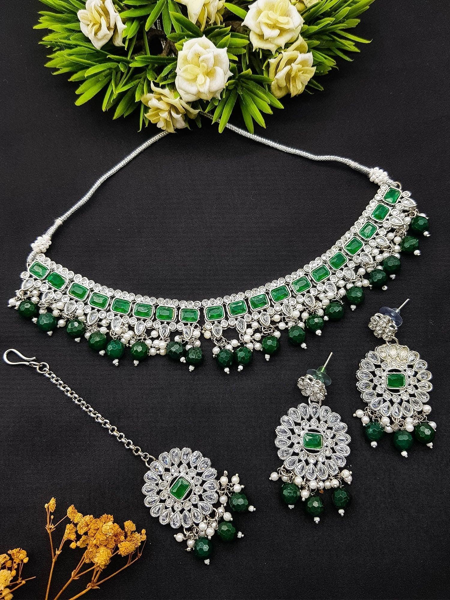 Premium quality Designer Cz zercon stones Kundan Mirror Necklace set - Griiham