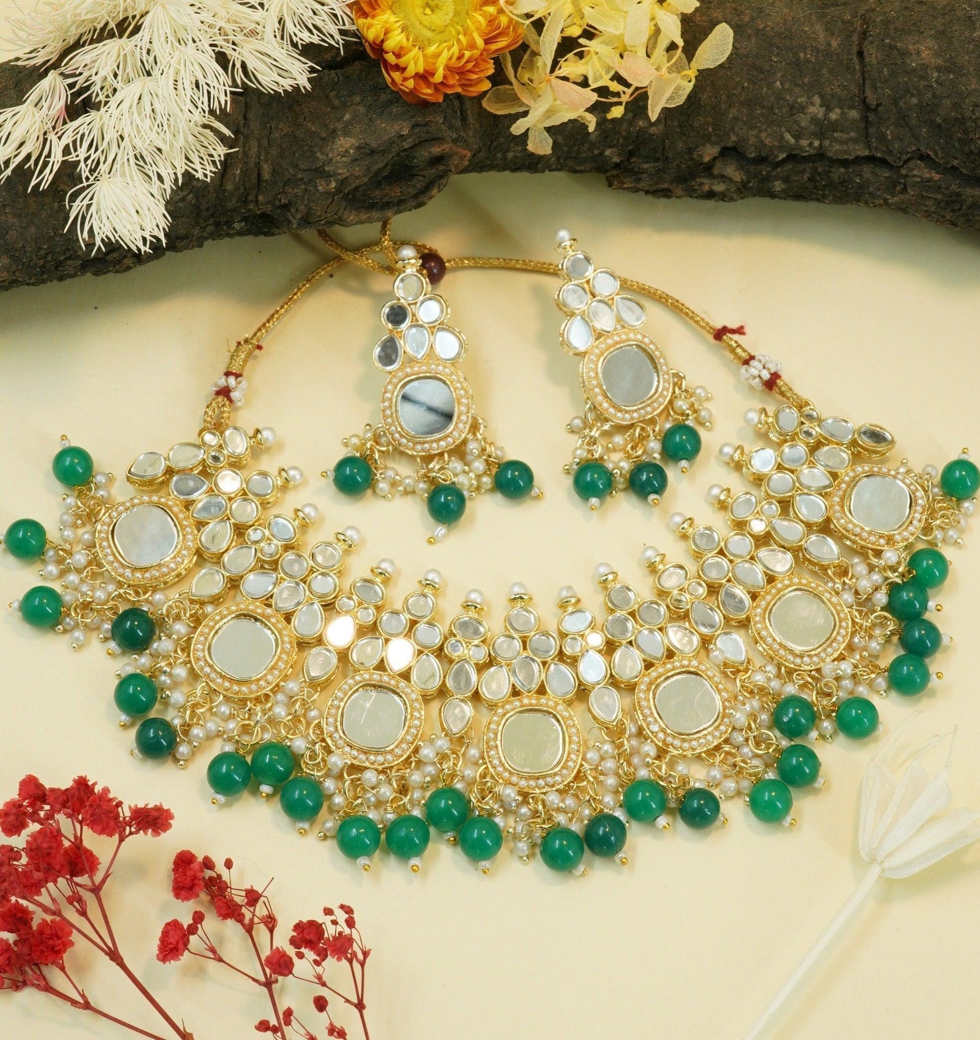 Premium quality Designer Cz zercon stones Kundan Mirror Necklace set