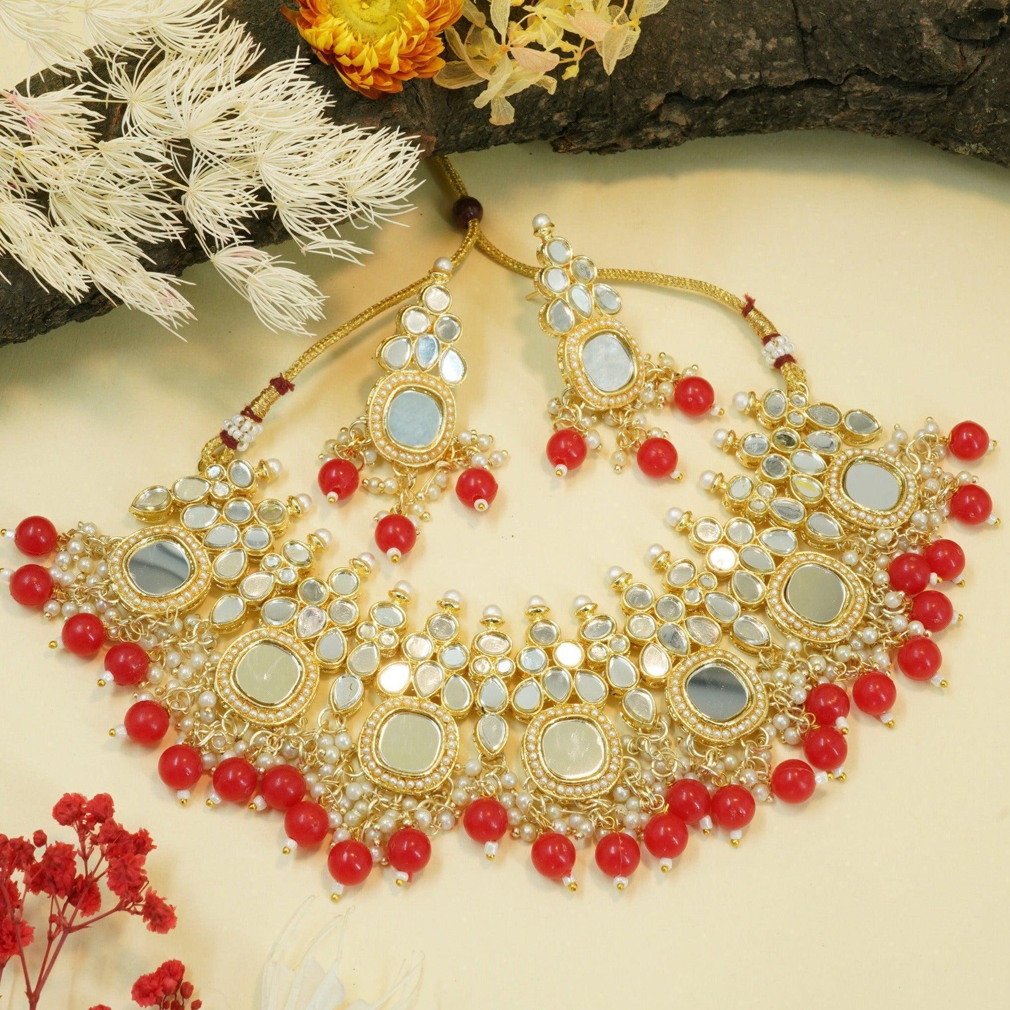 Premium quality Designer Cz zercon stones Kundan Mirror Necklace set - Griiham