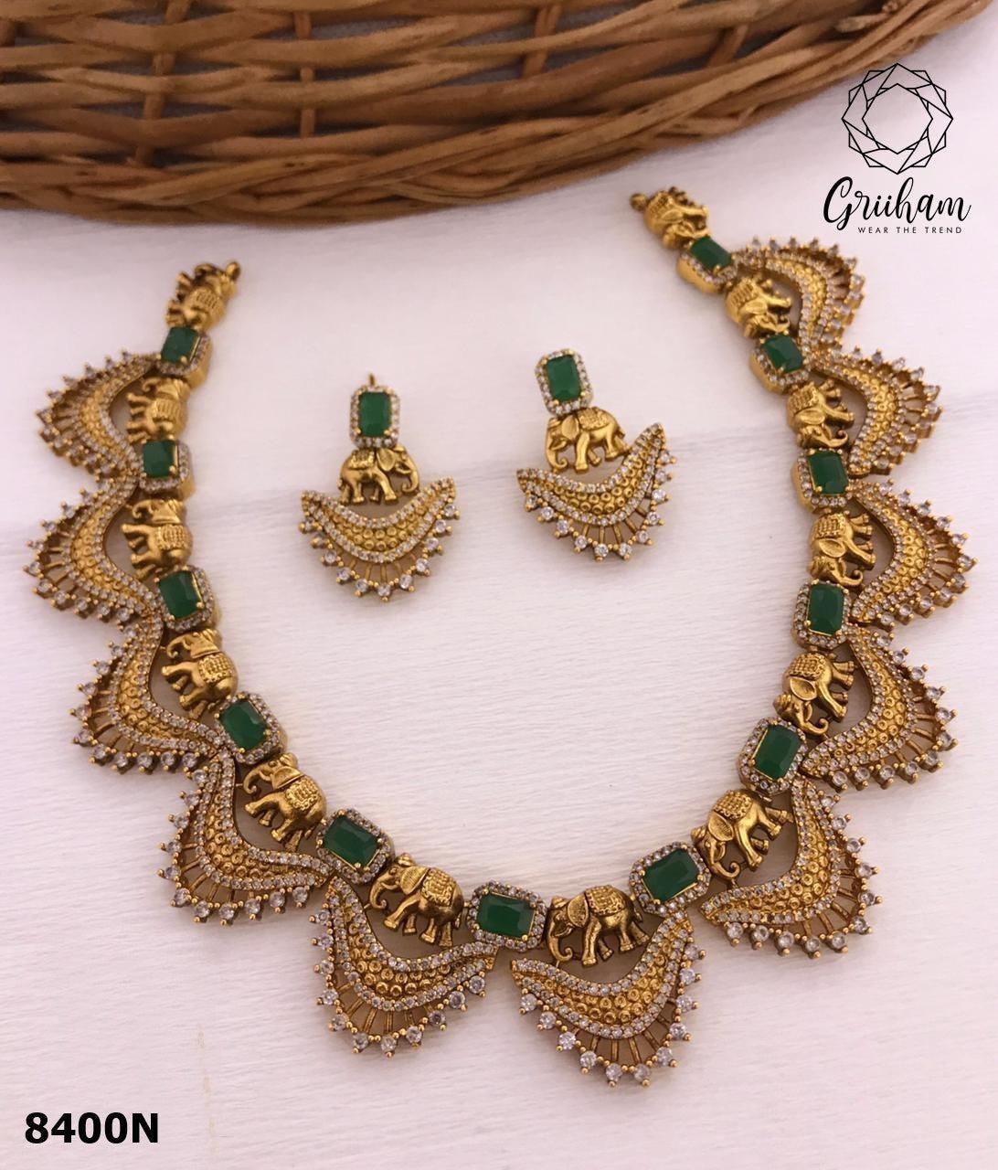 Premium quality Designer Elephant Emerald Necklace set 8400N-Necklace Set-Griiham-Griiham