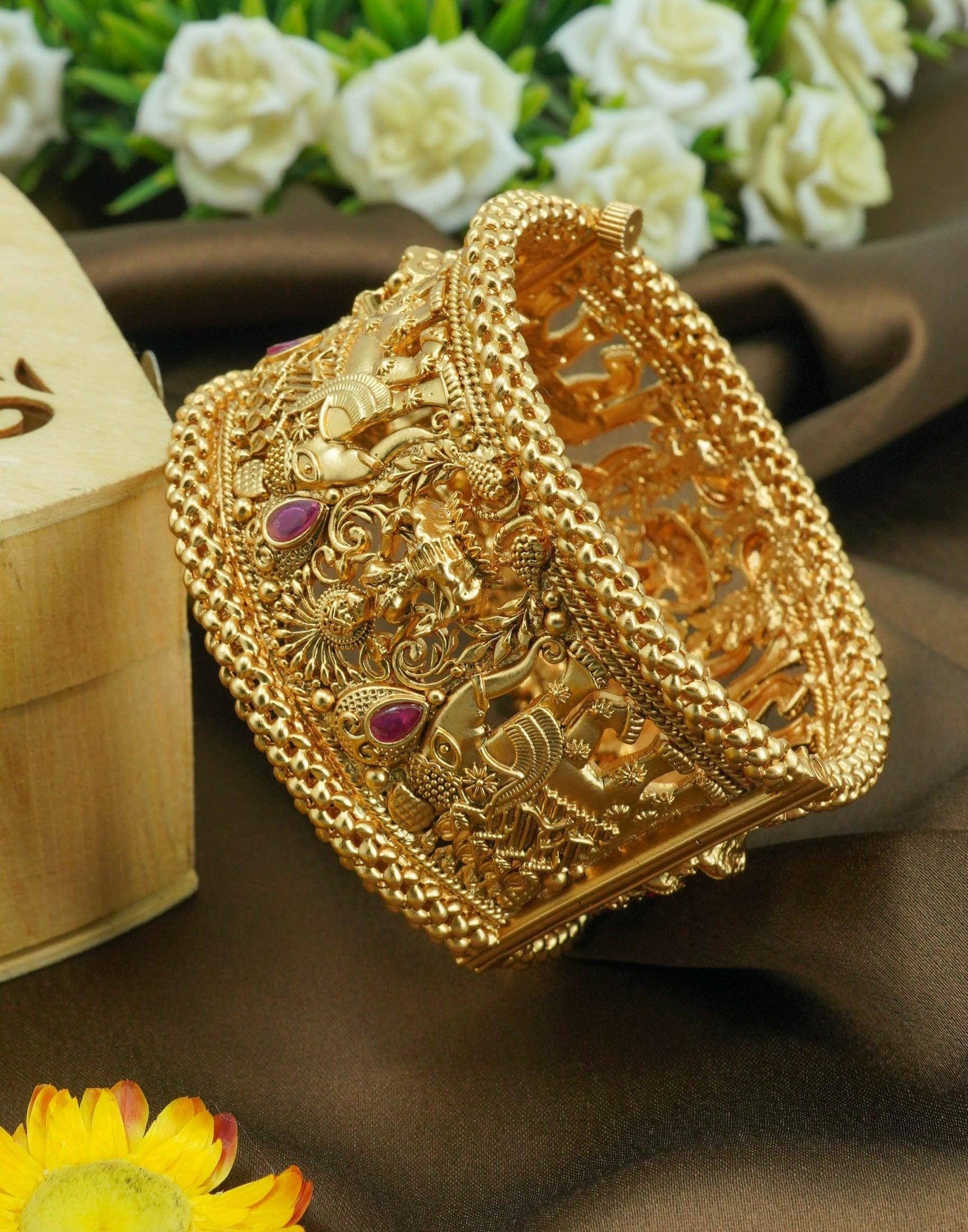 Rajwadi Gold Plated single designer Bangle/Kada Floral motif 10891A - Griiham