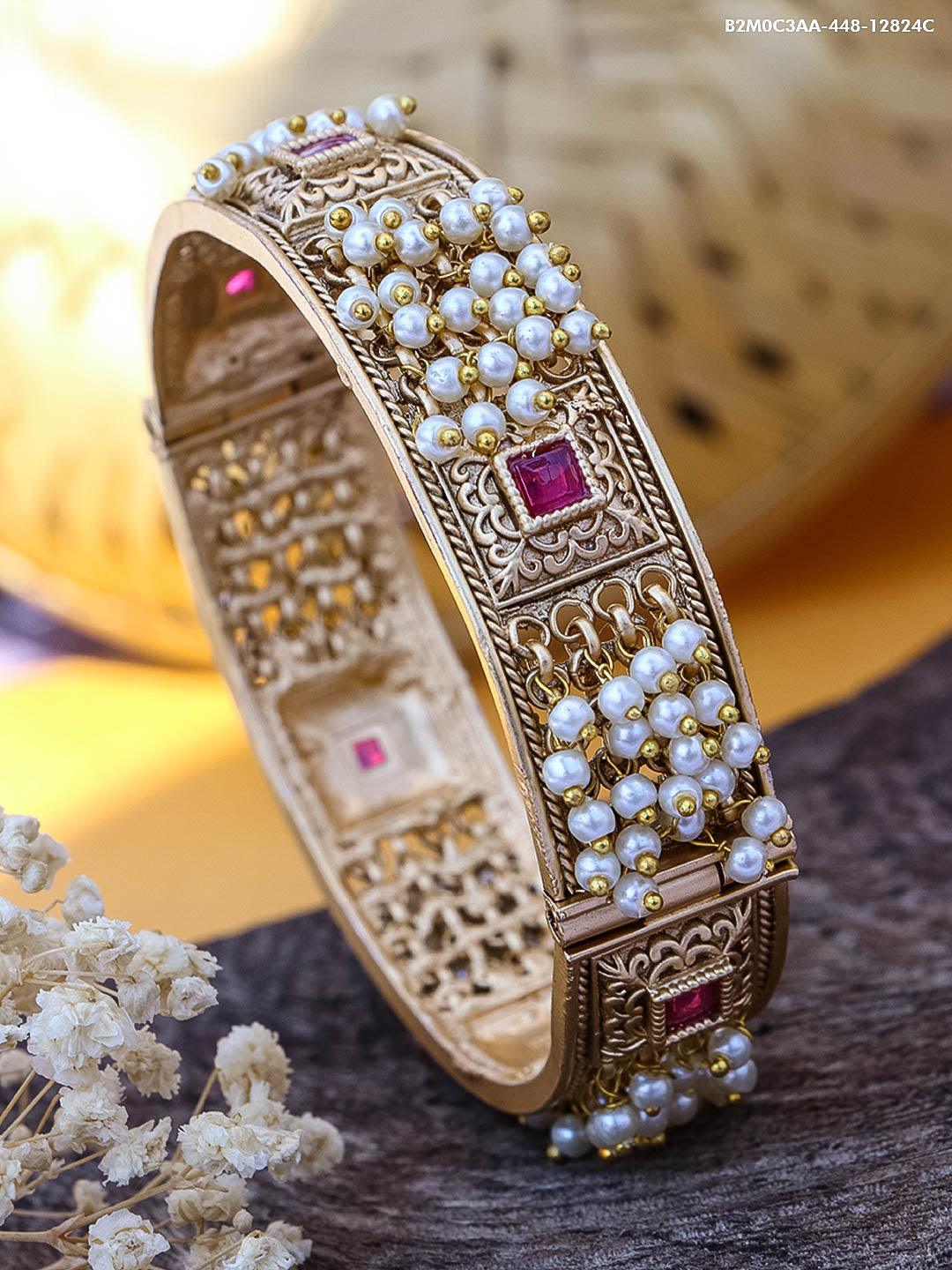 Rajwadi Gold Plated single designer Bangle/Kada with kempu and meenakari 12823B - Griiham