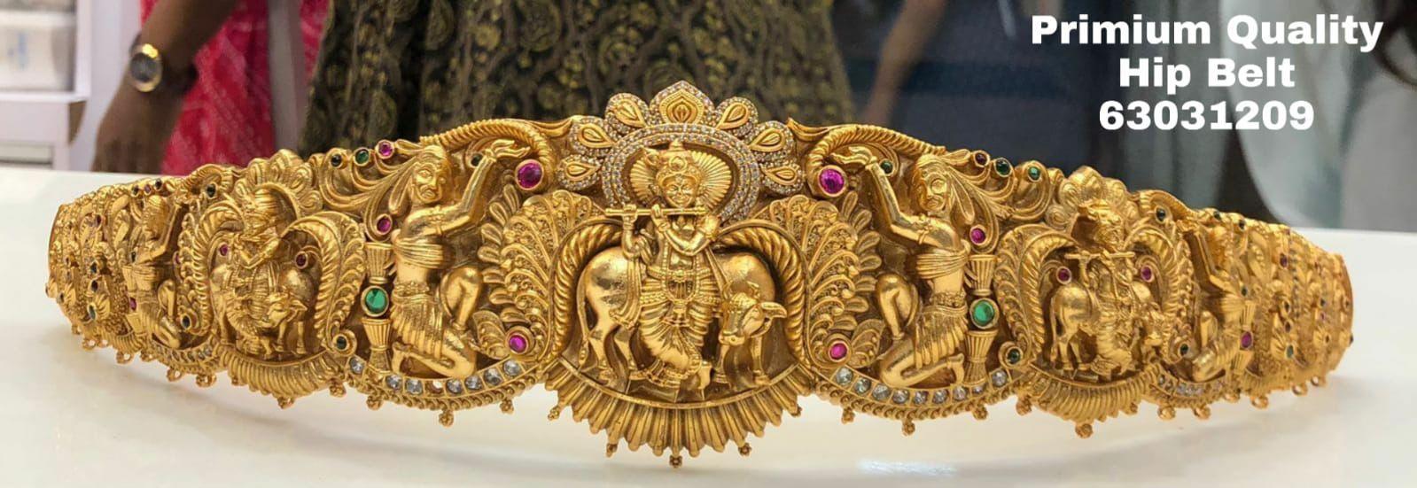 Real unpolished stones Krishna Radha Kempu ruby/emerald in gold antique finish Vadanam/Vodiannam/waistbelt 10503N - Griiham